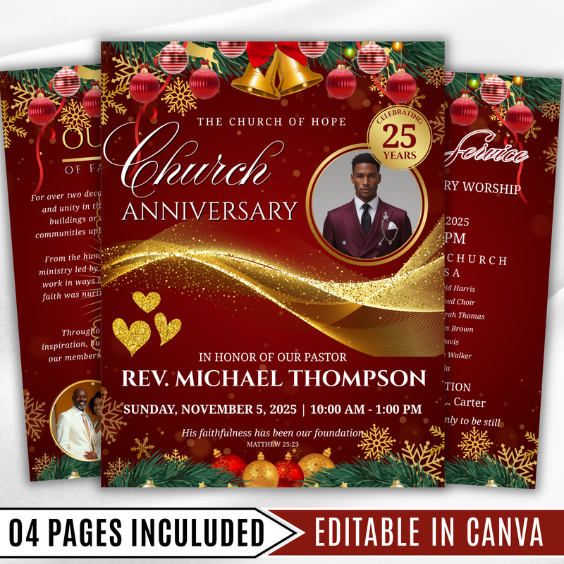 04 Pages Red Christmas Church Anniversary Program Template, Editable Bifold 8.5x11”, Church Appreciation Program, Anniversary Celebration