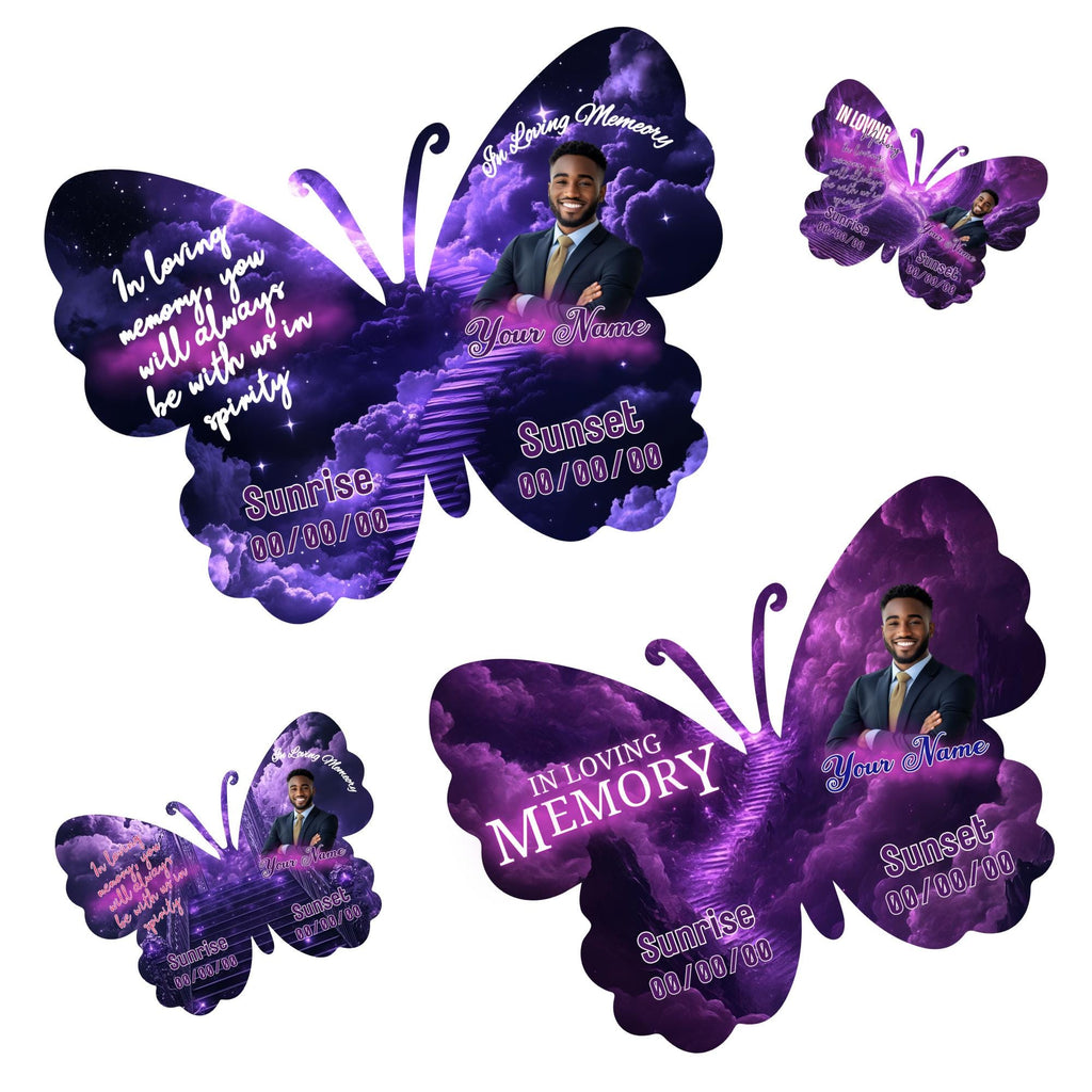06 Editable Memorial Butterfly Pin Template, Purple in loving memory Butterfly Pin Template, memorial Canva template, Remembrance Favor - Editable Memorial Canva Template