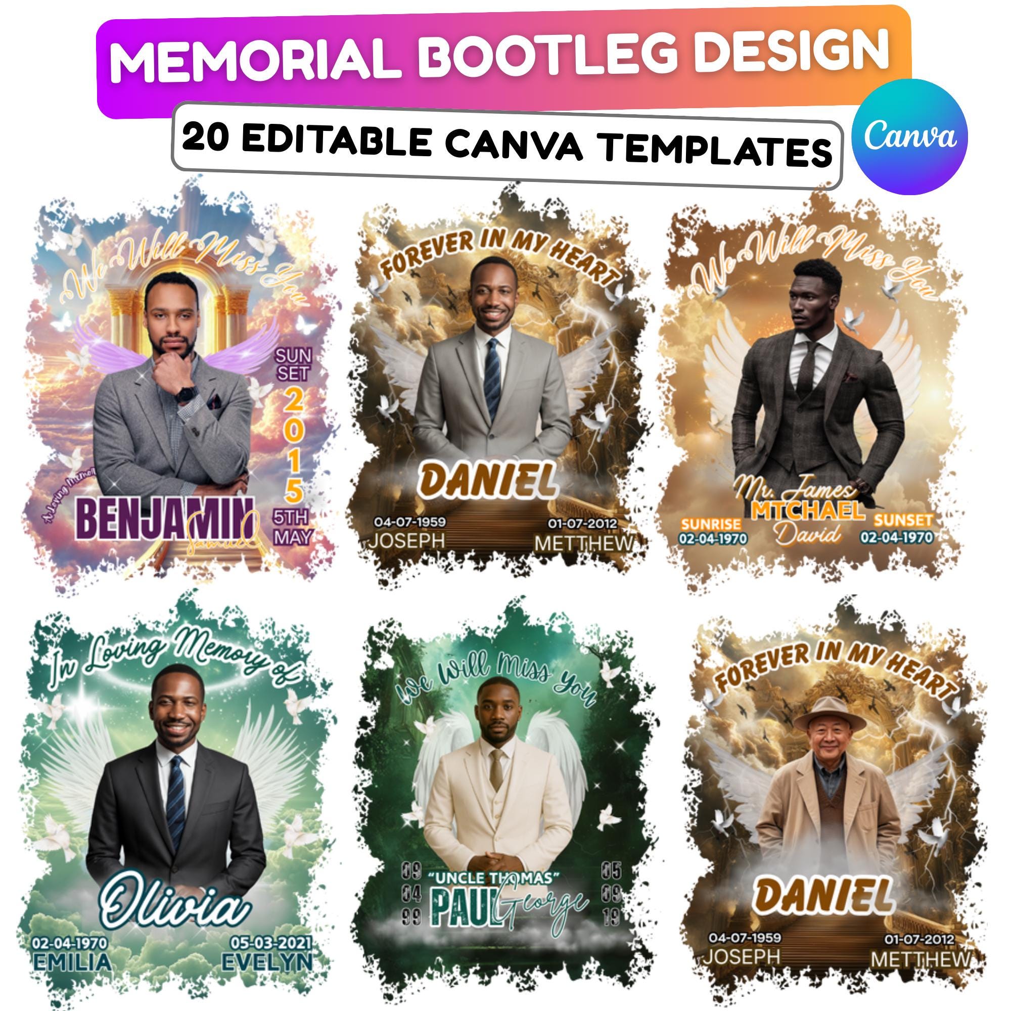 20 Memorial Bootleg T Shirt Canva Editable Templates, Editable In Loving Memory Bootleg, Memorial Canva Template, Funeral & Celebration - Editable Memorial Canva Template