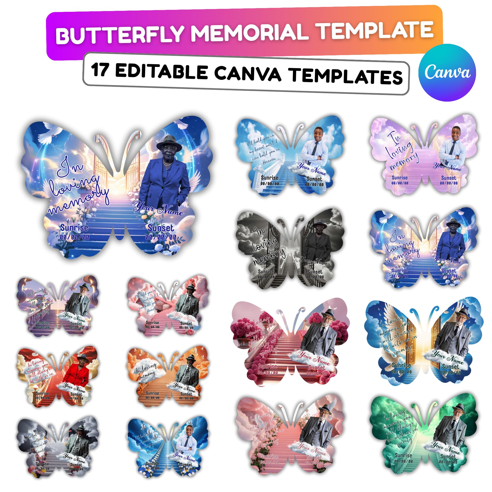 17 Editable Memorial Butterfly Pin Template, in loving memory Butterfly Pin Template, memorial Canva template, Remembrance Favor - Editable Memorial Canva Template