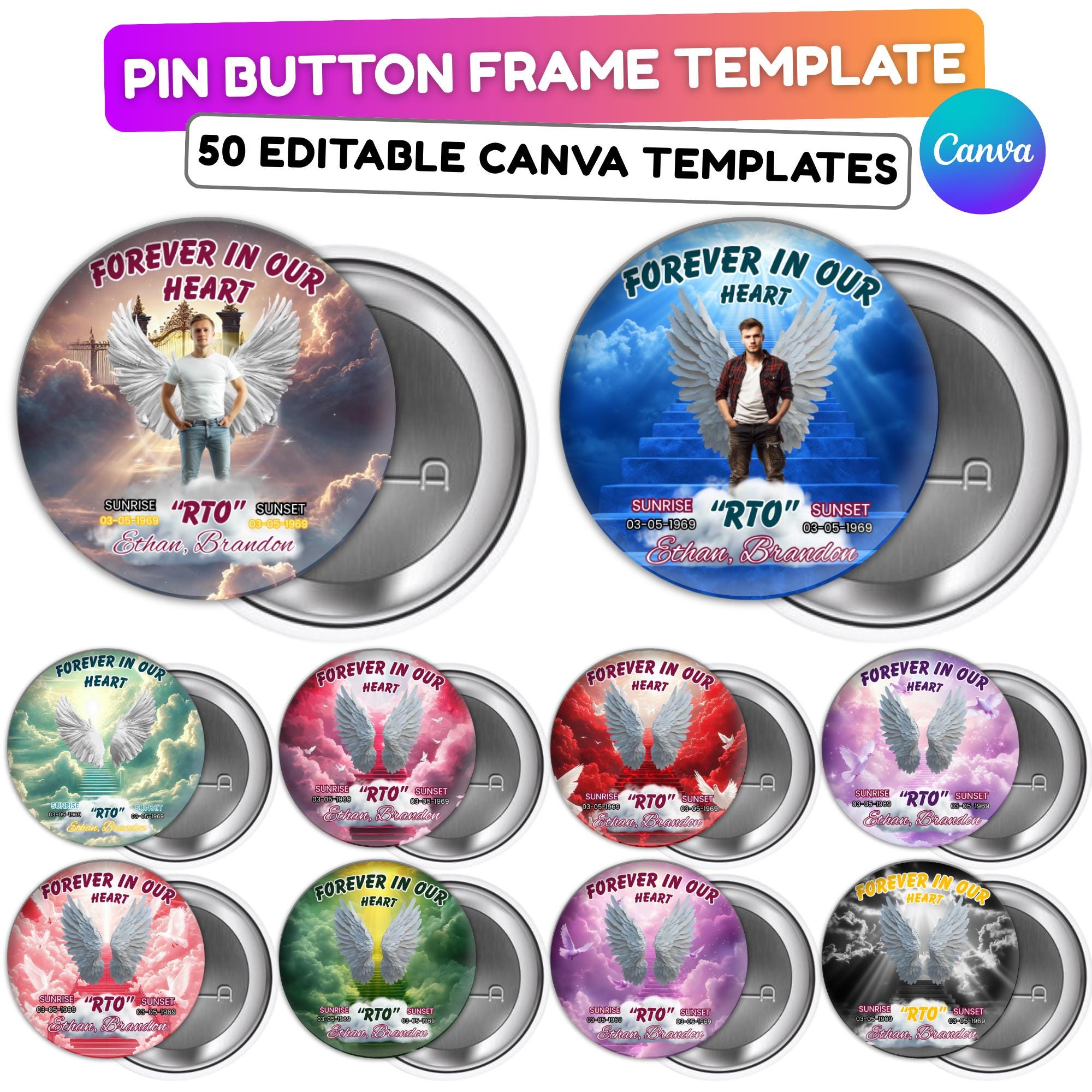 50 Memorial Pin Button Canva Editable Templates, Funeral Button Favors, RIP Templates, Memorial Pin Button Canva Designs, Digital Download - Editable Memorial Canva Template