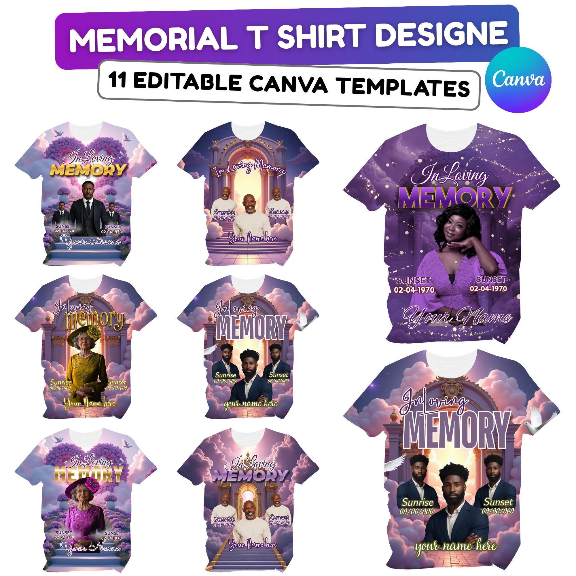 11 In Loving Memory Design Canva Editable T Shirt, purple All over Memorial Shirt Bundle, Heavens Stairway, Funeral Background - Editable Memorial Canva Template