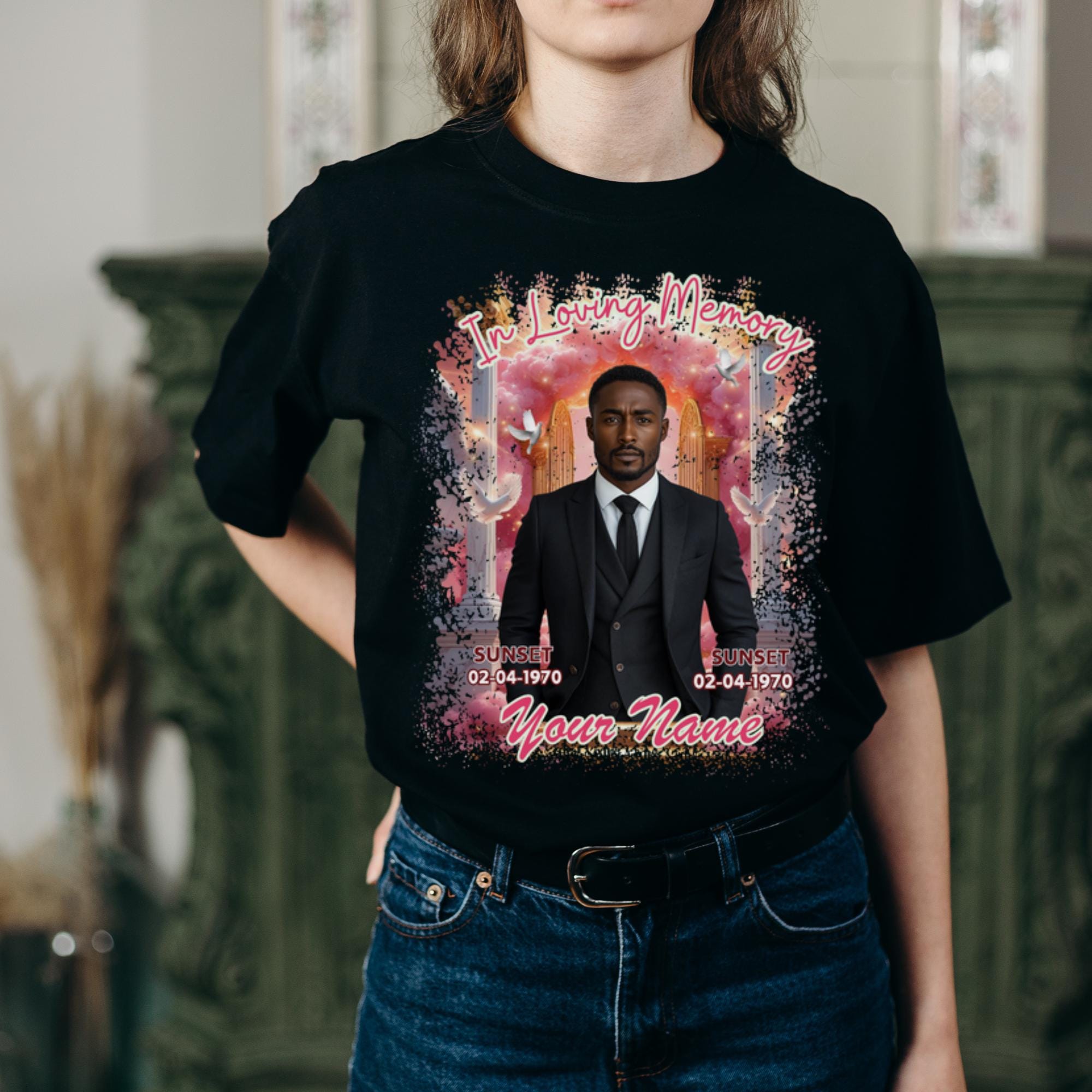 23 In Loving Memory Pink Design Canva Editable T Shirt, Pink Memorial Canva Designs, Heavens Stairway, Funeral Background - Editable Memorial Canva Template