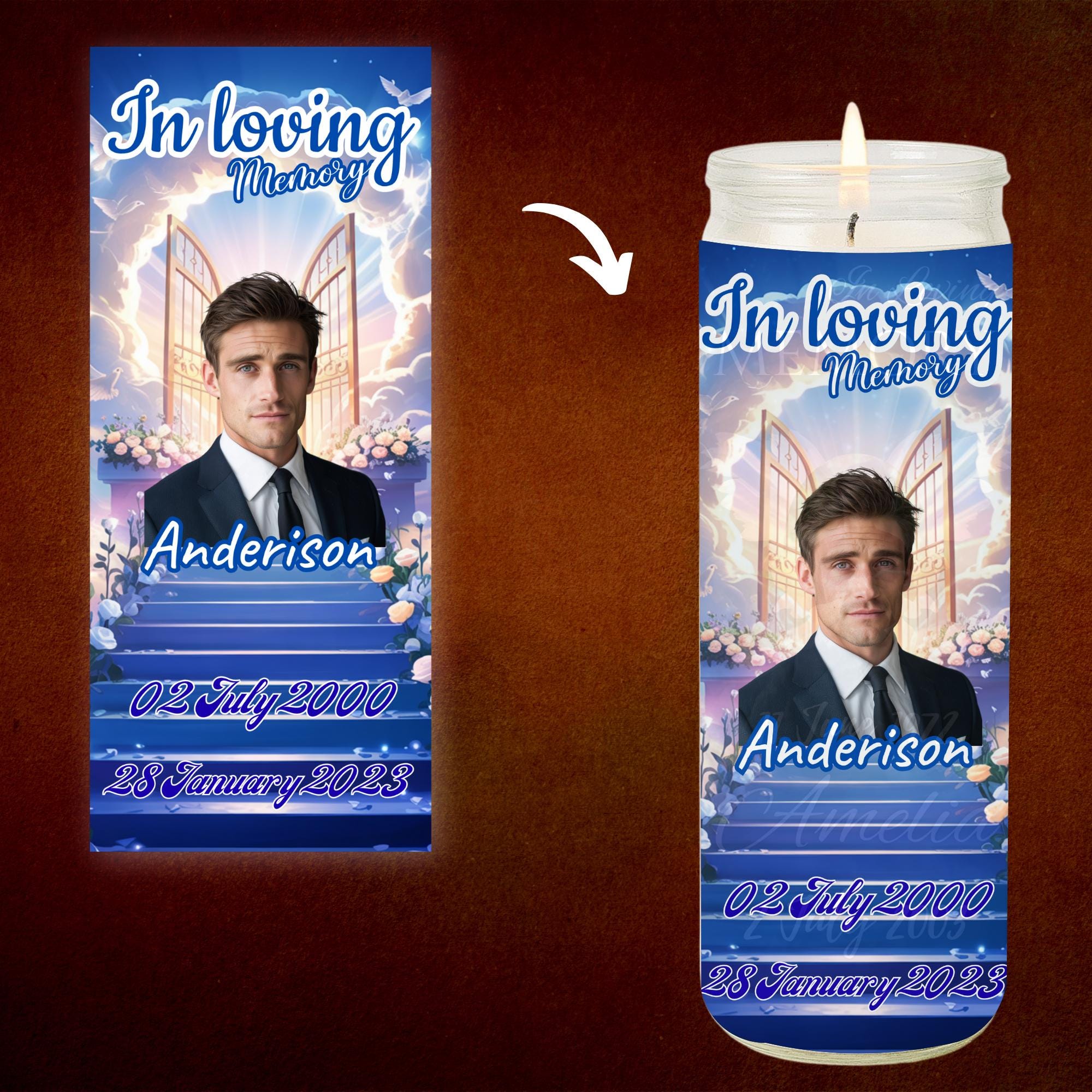 20 Memorial Candle Light Label Canva Editable Template, Stairway to Heaven Remembrance Candle Wrap, RIP Candle Label, In Loving Memory - Editable Memorial Canva Template