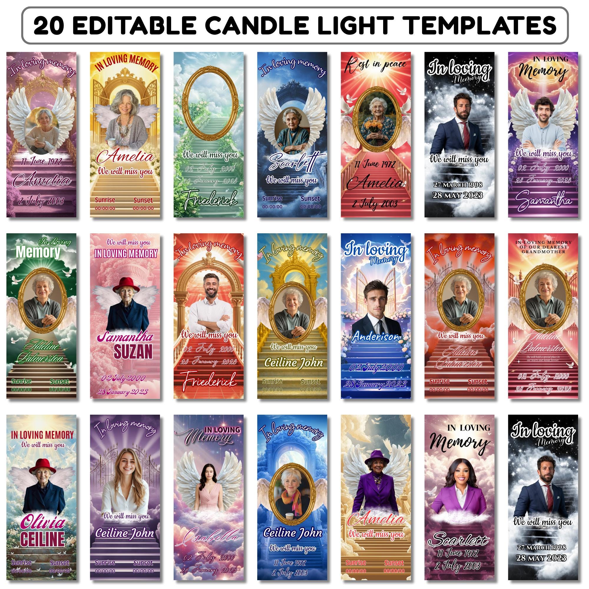 20 Memorial Candle Light Label Canva Editable Template, Stairway to Heaven Remembrance Candle Wrap, RIP Candle Label, In Loving Memory - Editable Memorial Canva Template
