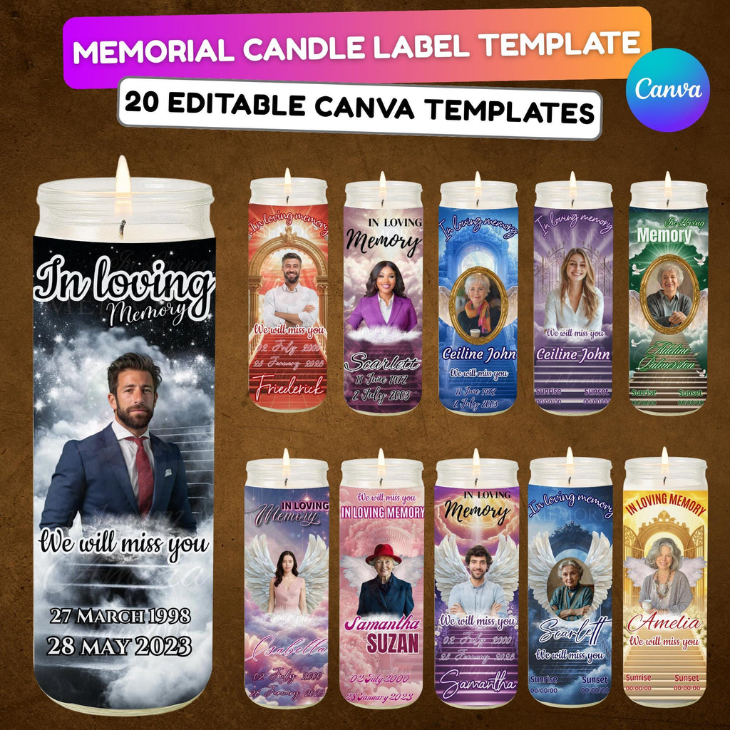 20 Memorial Candle Light Label Canva Editable Template, Stairway to Heaven Remembrance Candle Wrap, RIP Candle Label, In Loving Memory - Editable Memorial Canva Template