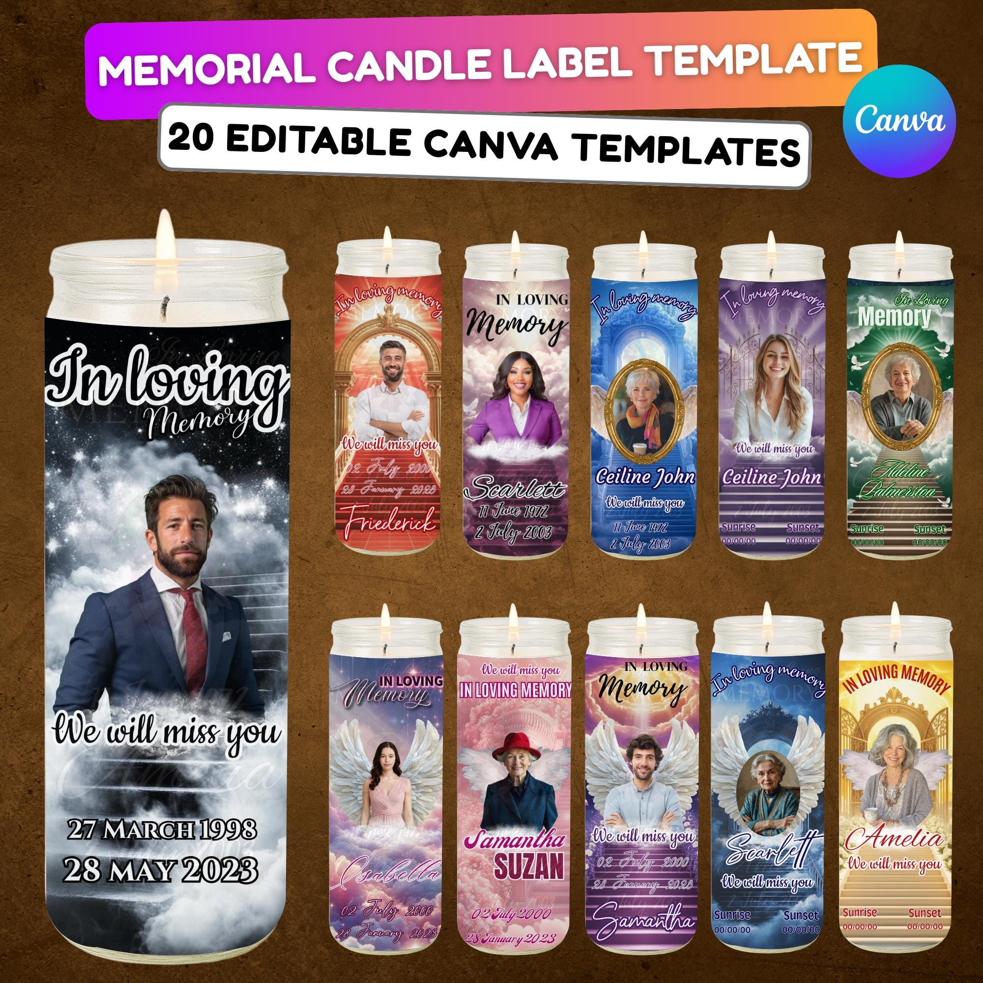 20 Memorial Candle Light Label Canva Editable Template, Stairway to Heaven Remembrance Candle Wrap, RIP Candle Label, In Loving Memory - Editable Memorial Canva Template
