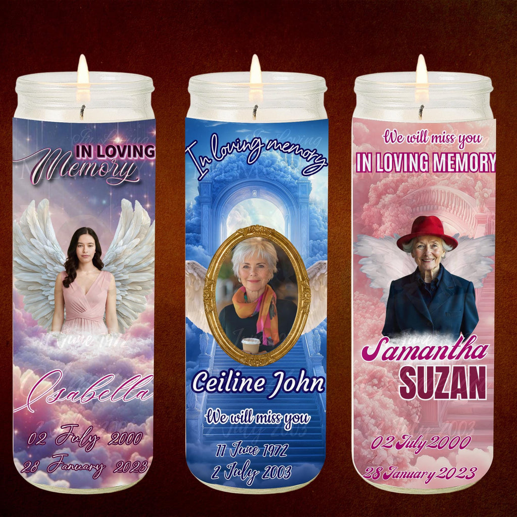 20 Memorial Candle Light Label Canva Editable Template, Stairway to Heaven Remembrance Candle Wrap, RIP Candle Label, In Loving Memory - Editable Memorial Canva Template
