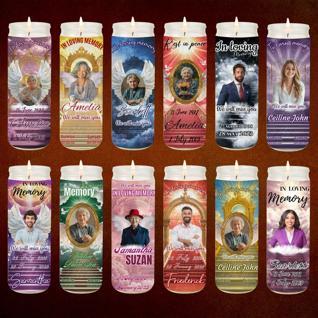 20 Memorial Candle Light Label Canva Editable Template, Stairway to Heaven Remembrance Candle Wrap, RIP Candle Label, In Loving Memory - Editable Memorial Canva Template