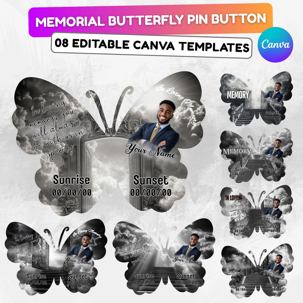 08 Editable Memorial Black Butterfly Pin Button Template, Black in loving memory Butterfly Pin Button Template, In Loving Memory Template - Editable Memorial Canva Template