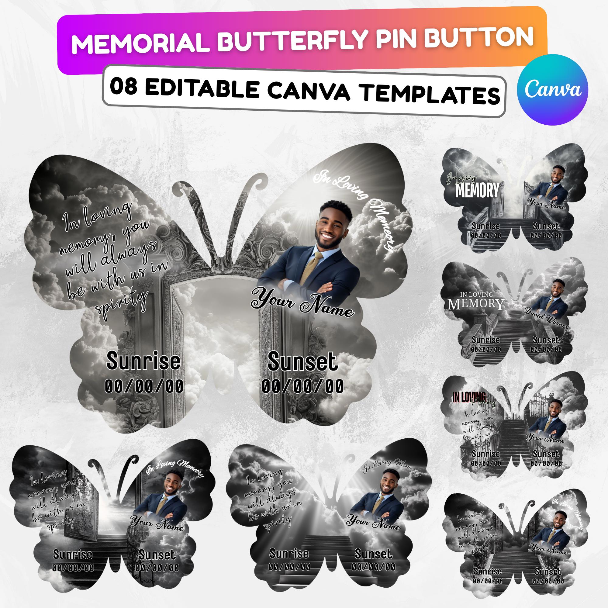 08 Editable Memorial Black Butterfly Pin Button Template, Black in loving memory Butterfly Pin Button Template, In Loving Memory Template - Editable Memorial Canva Template