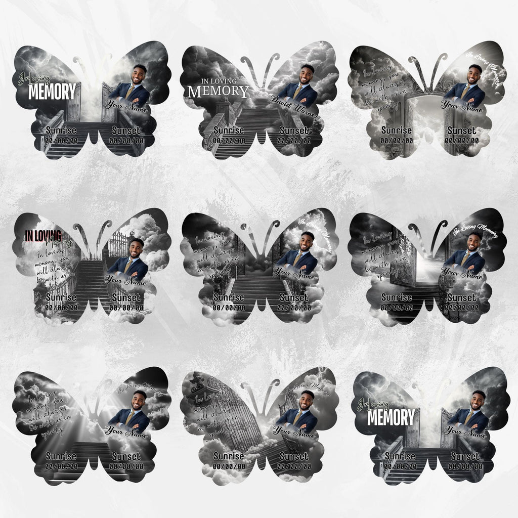 08 Editable Memorial Black Butterfly Pin Button Template, Black in loving memory Butterfly Pin Button Template, In Loving Memory Template - Editable Memorial Canva Template