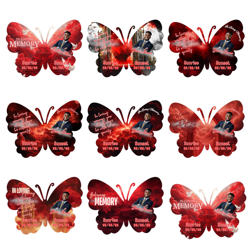 08 Editable Memorial Red Butterfly Pin Button Template, Red in loving memory Butterfly Pin Button Template, In Loving Memory Template - Editable Memorial Canva Template