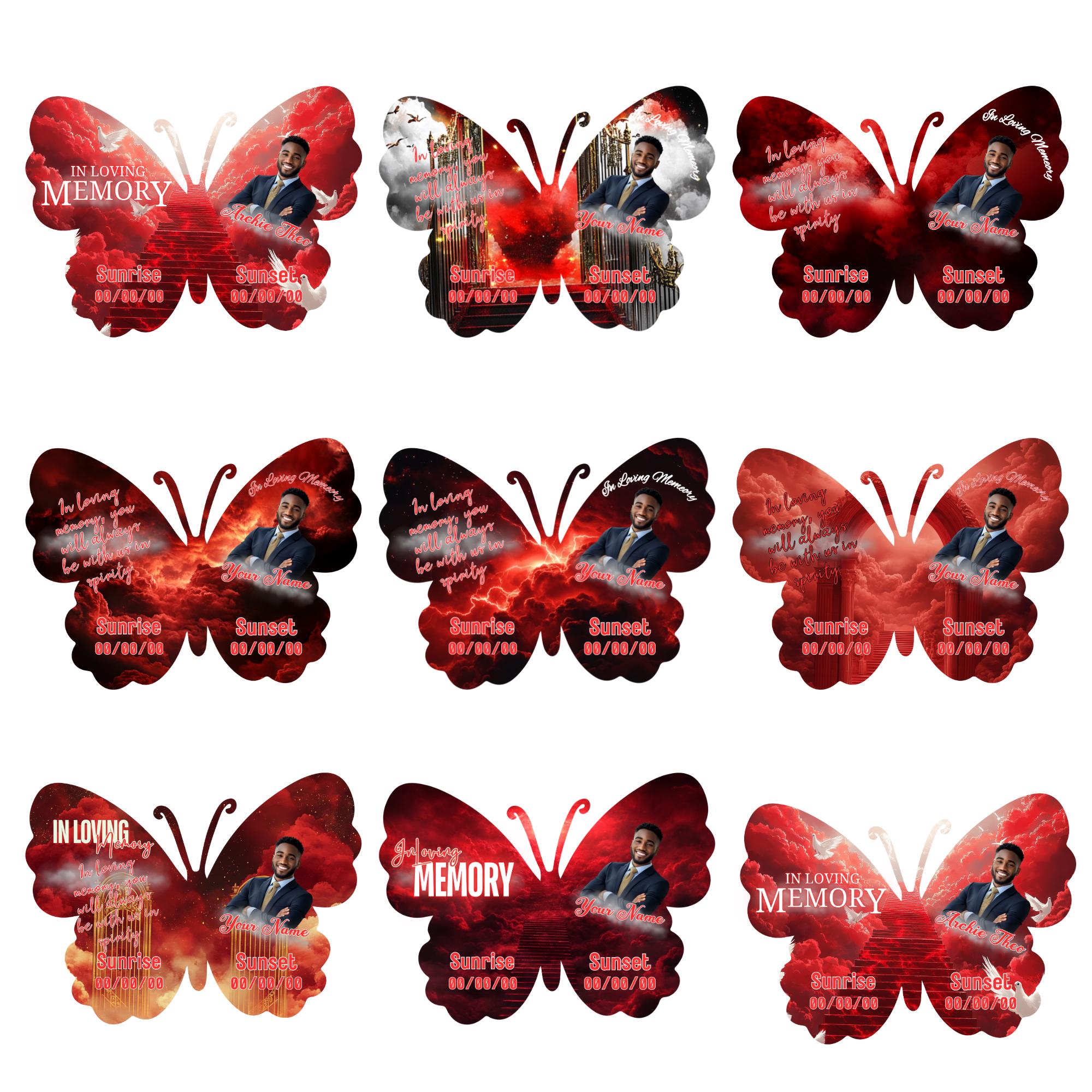 08 Editable Memorial Red Butterfly Pin Button Template, Red in loving memory Butterfly Pin Button Template, In Loving Memory Template - Editable Memorial Canva Template