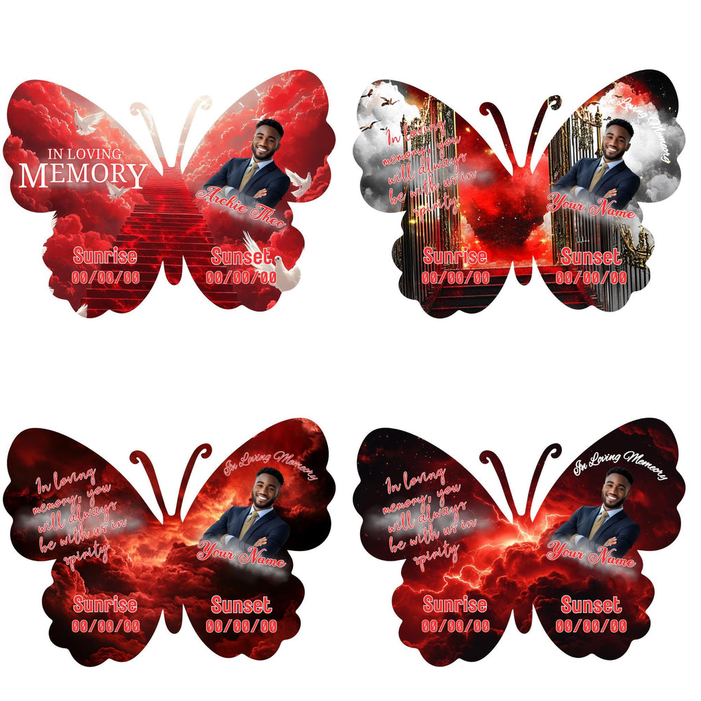 08 Editable Memorial Red Butterfly Pin Button Template, Red in loving memory Butterfly Pin Button Template, In Loving Memory Template - Editable Memorial Canva Template