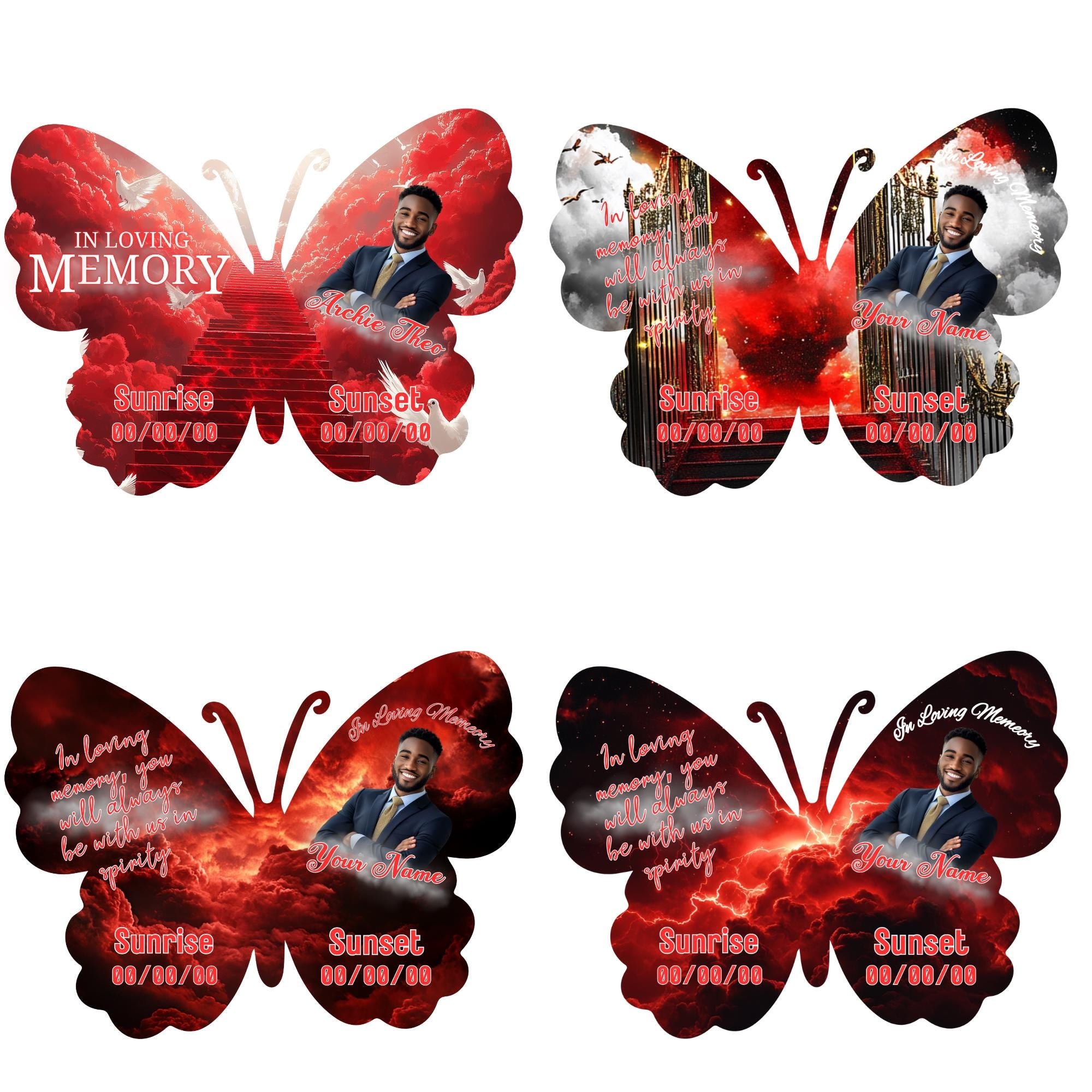 08 Editable Memorial Red Butterfly Pin Button Template, Red in loving memory Butterfly Pin Button Template, In Loving Memory Template - Editable Memorial Canva Template