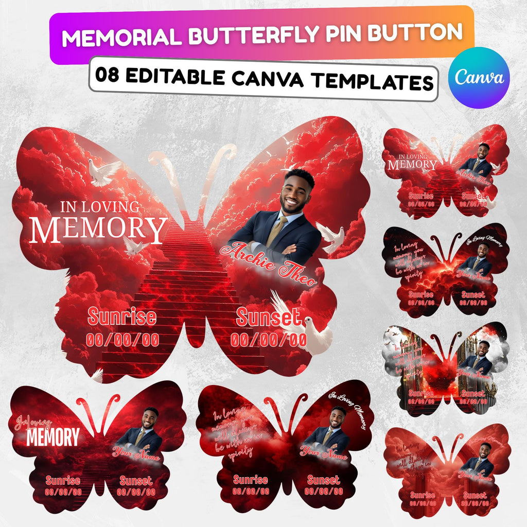 08 Editable Memorial Red Butterfly Pin Button Template, Red in loving memory Butterfly Pin Button Template, In Loving Memory Template - Editable Memorial Canva Template
