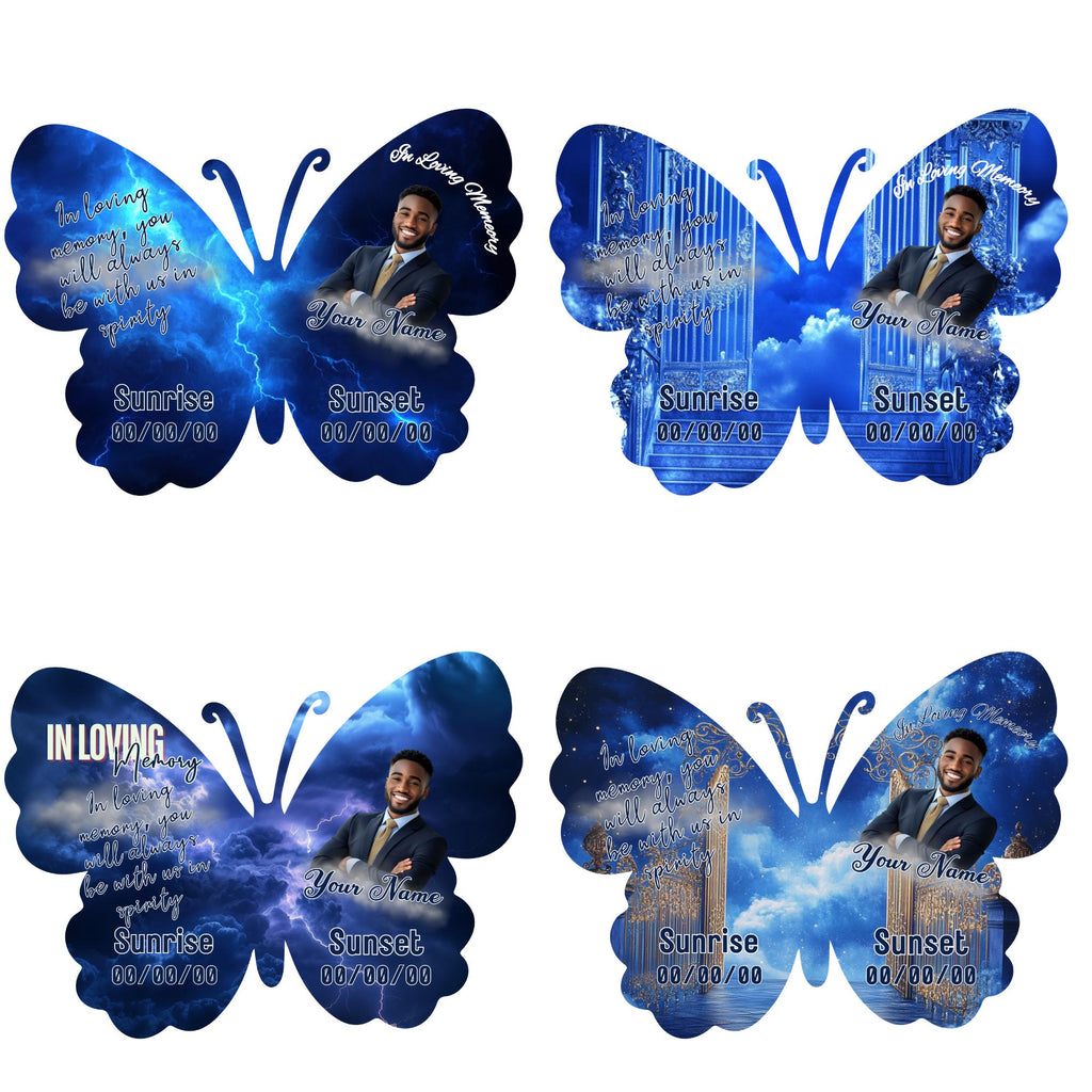 08 Editable Memorial Blue Butterfly Pin Button Template, Blue in loving memory Butterfly Pin Button Template, In Loving Memory Template - Editable Memorial Canva Template