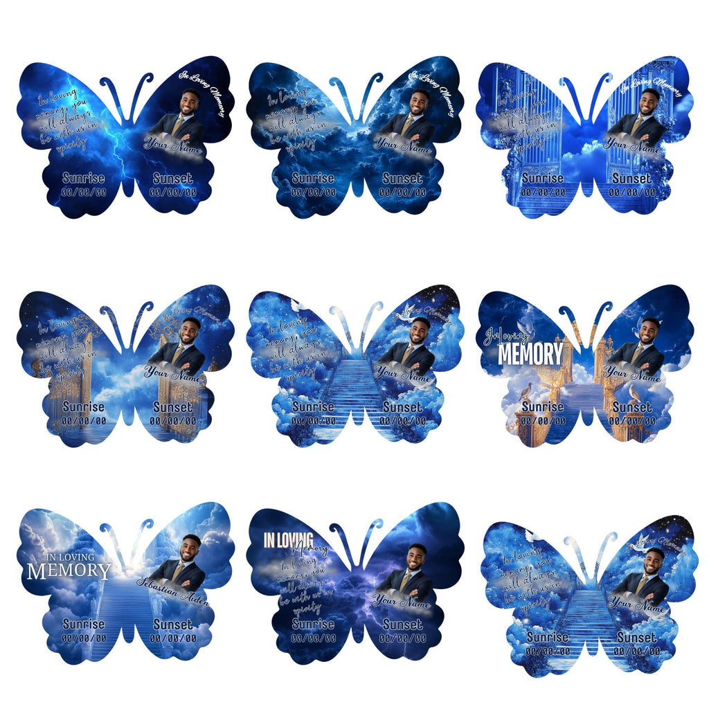 08 Editable Memorial Blue Butterfly Pin Button Template, Blue in loving memory Butterfly Pin Button Template, In Loving Memory Template - Editable Memorial Canva Template