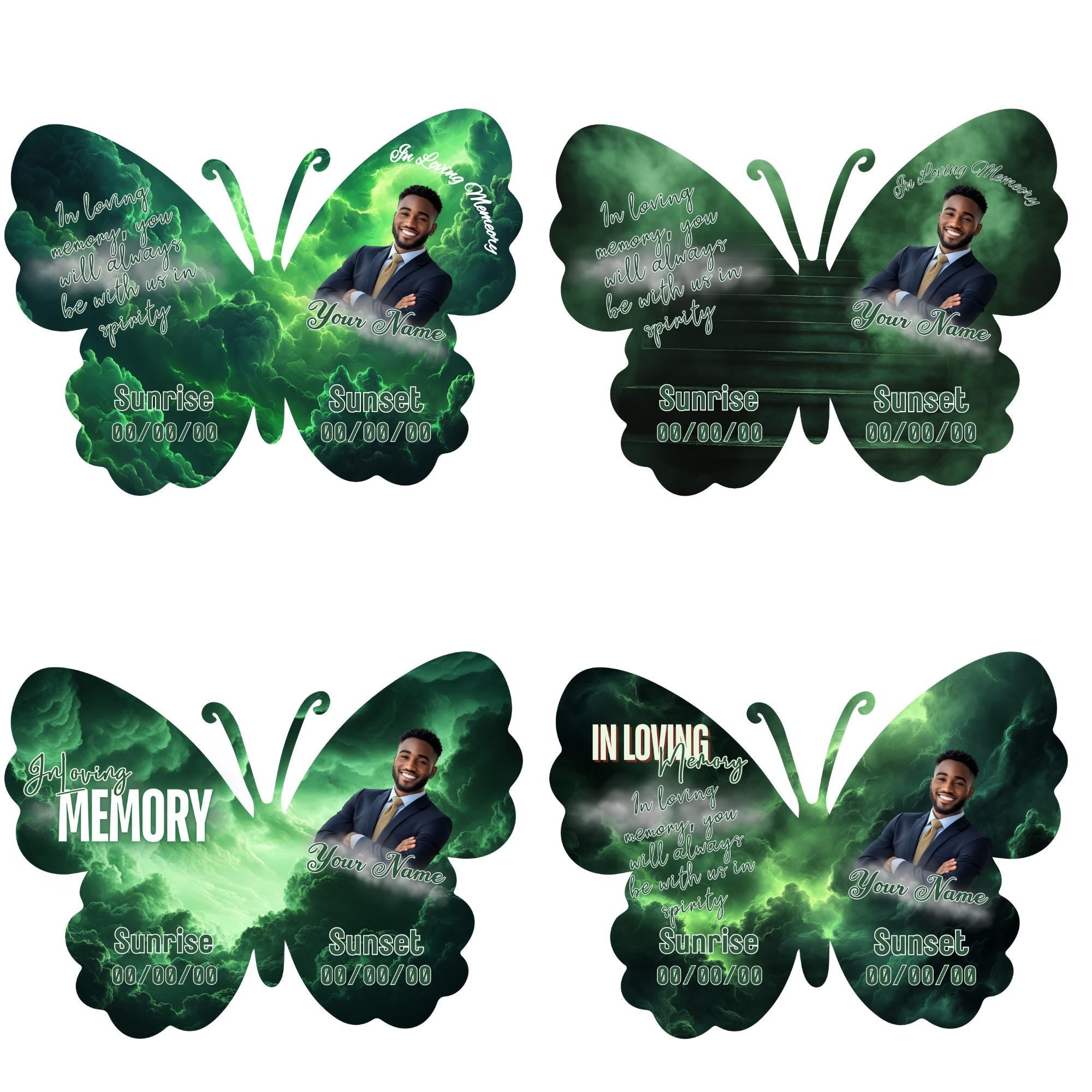 08 Editable Memorial Green Butterfly Pin Button Template, Green in loving memory Butterfly Pin Button Template, In Loving Memory Template - Editable Memorial Canva Template