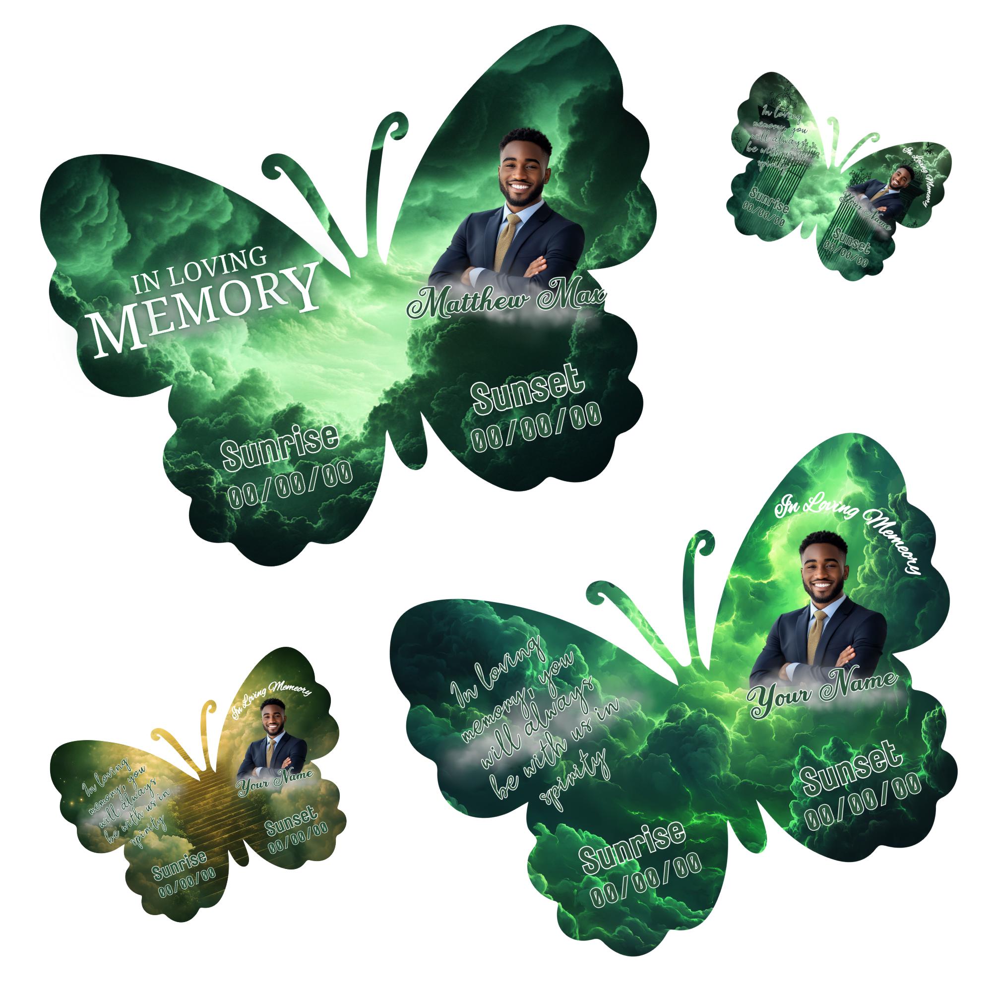 08 Editable Memorial Green Butterfly Pin Button Template, Green in loving memory Butterfly Pin Button Template, In Loving Memory Template - Editable Memorial Canva Template