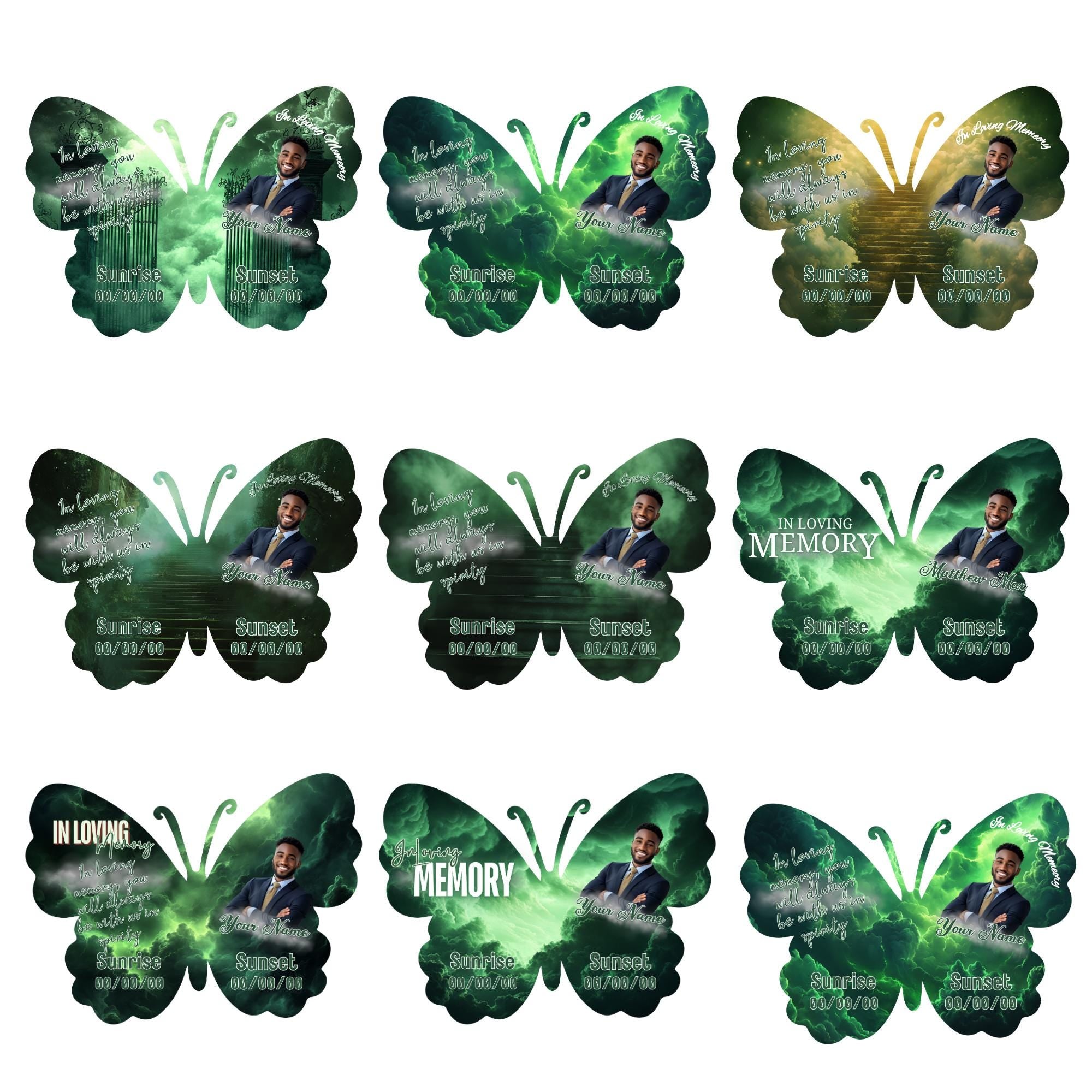 08 Editable Memorial Green Butterfly Pin Button Template, Green in loving memory Butterfly Pin Button Template, In Loving Memory Template - Editable Memorial Canva Template