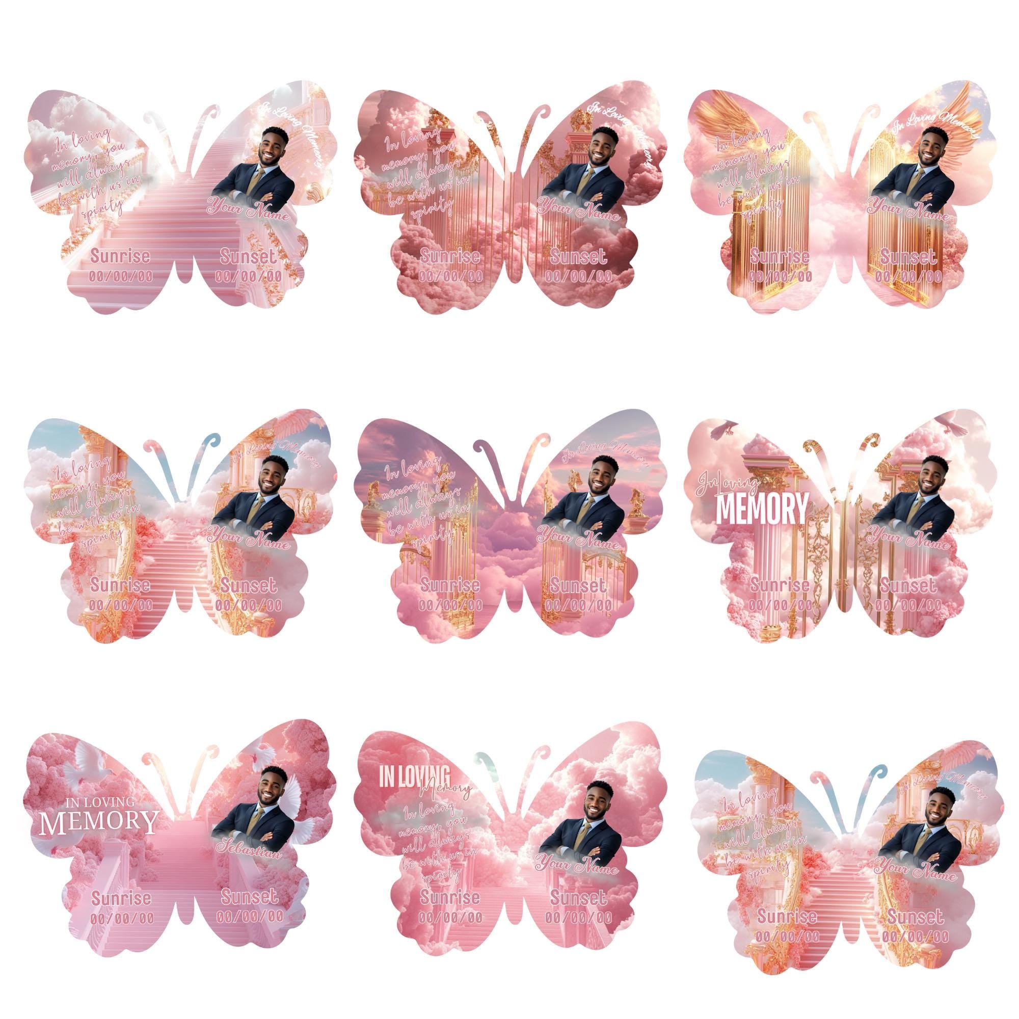 08 Editable Memorial Pink Butterfly Pin Button Template, Pink in loving memory Butterfly Pin Button Template, In Loving Memory Template - Editable Memorial Canva Template