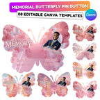 08 Editable Memorial Pink Butterfly Pin Button Template, Pink in loving memory Butterfly Pin Button Template, In Loving Memory Template - Editable Memorial Canva Template