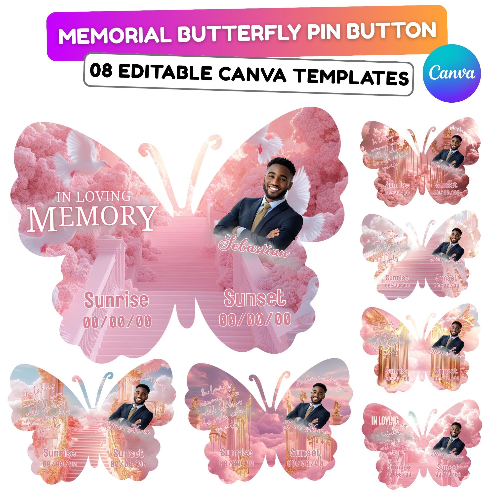 08 Editable Memorial Pink Butterfly Pin Button Template, Pink in loving memory Butterfly Pin Button Template, In Loving Memory Template - Editable Memorial Canva Template