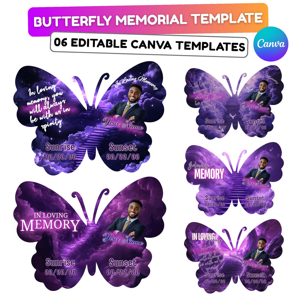 06 Editable Memorial Butterfly Pin Template, Purple in loving memory Butterfly Pin Template, memorial Canva template, Remembrance Favor - Editable Memorial Canva Template