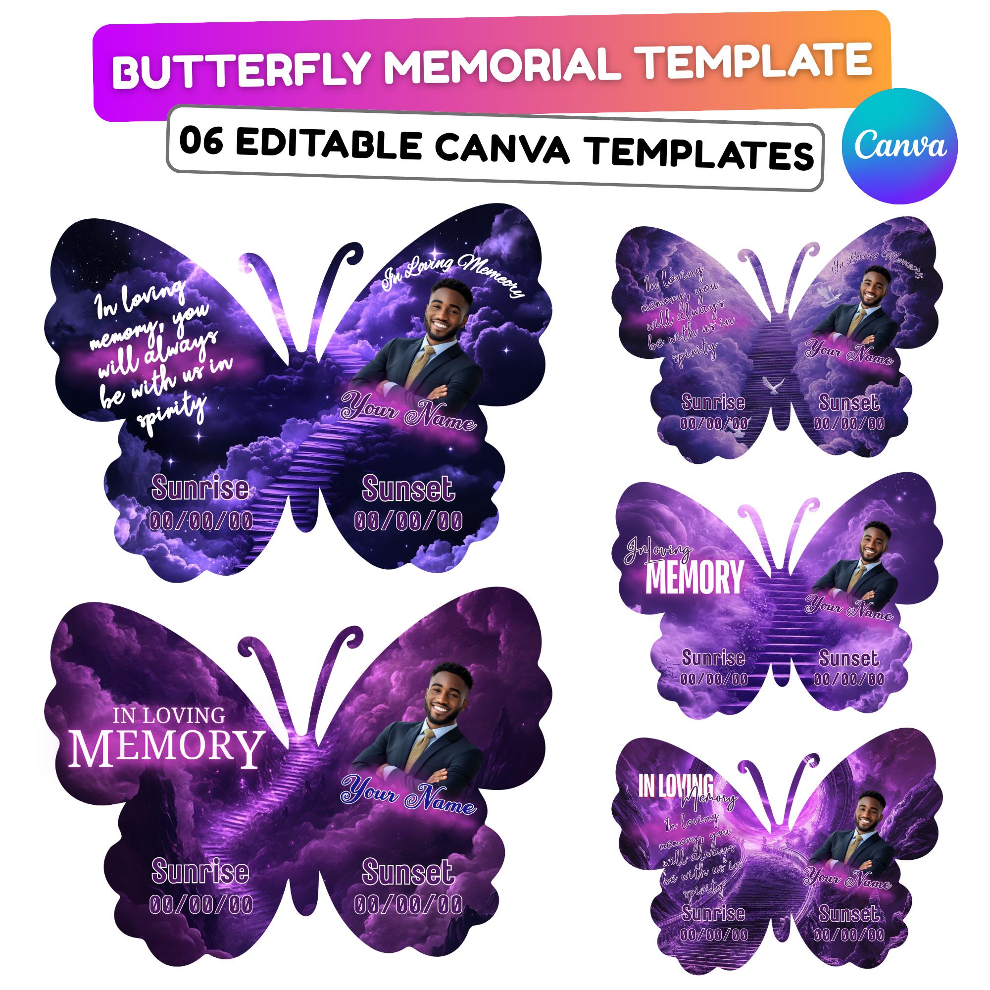 06 Editable Memorial Butterfly Pin Template, Purple in loving memory Butterfly Pin Template, memorial Canva template, Remembrance Favor - Editable Memorial Canva Template