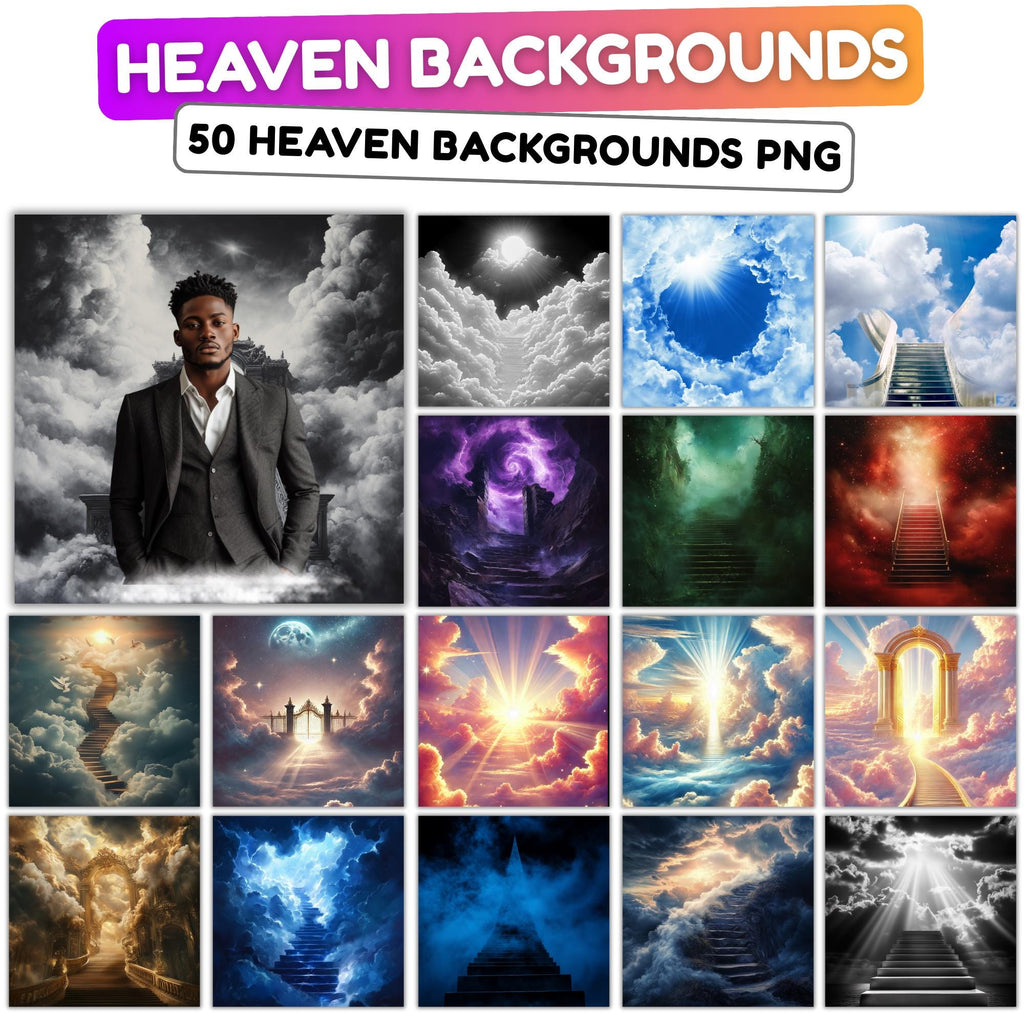 Memorial Heaven Backgrounds PNG Bundle: In Loving Memory (Digital File) - Editable Memorial Canva Template