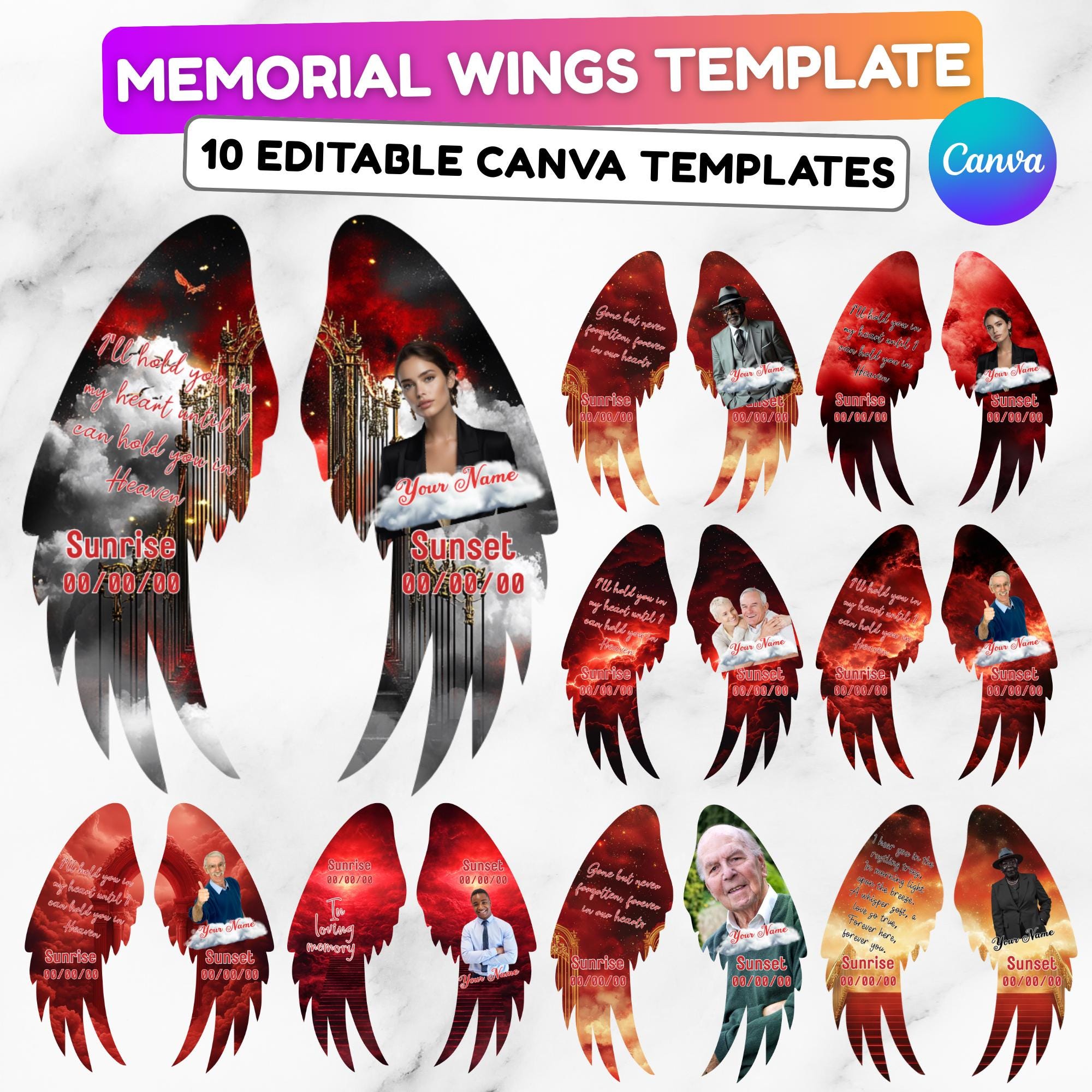 10 Editable Memorial Red Wings Pin button Template, Funeral Button Favor, In Loving Memory Canva Template, Memorial Wings Pin Canva Template - Editable Memorial Canva Template