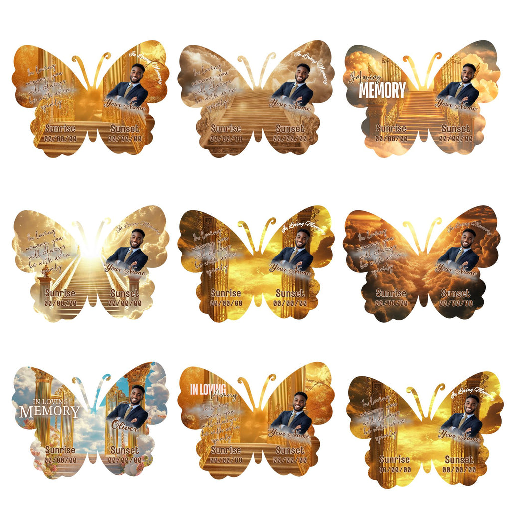 17 Editable Memorial Golden Butterfly Pin Button Template, In Loving Memory Butterfly Pin Button Template, Memorial Canva Template - Editable Memorial Canva Template