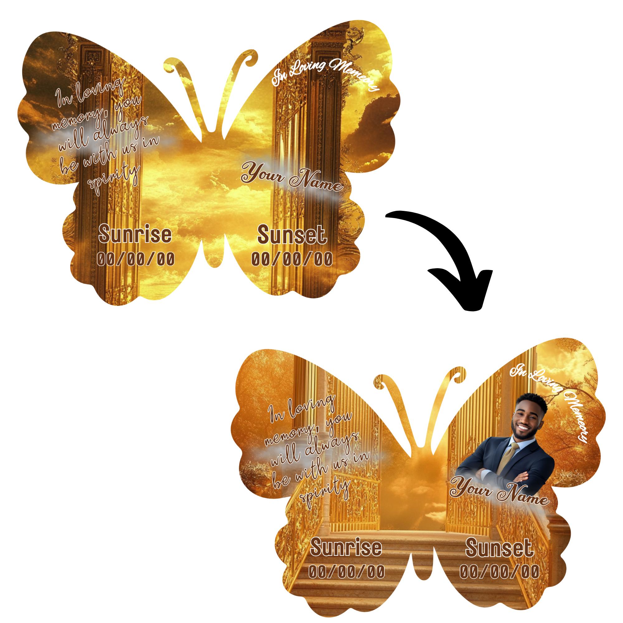 17 Editable Memorial Golden Butterfly Pin Button Template, In Loving Memory Butterfly Pin Button Template, Memorial Canva Template - Editable Memorial Canva Template