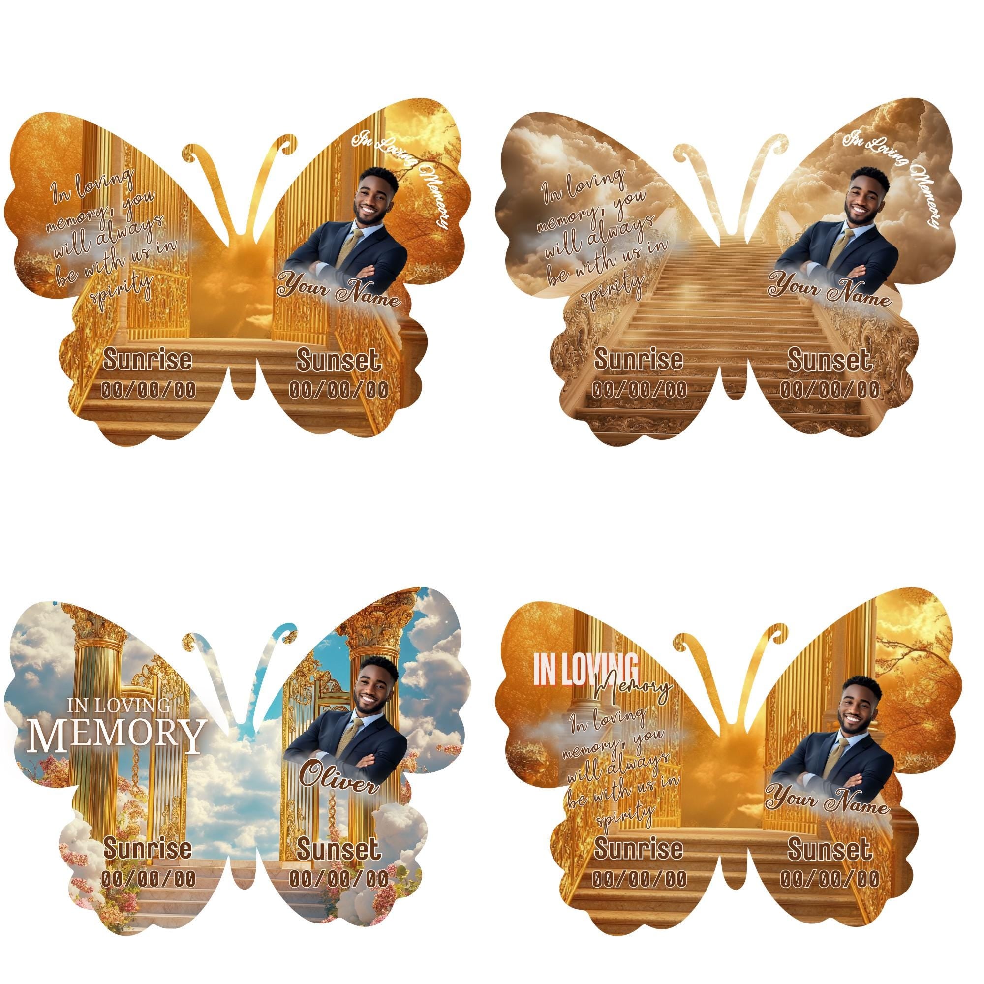 17 Editable Memorial Golden Butterfly Pin Button Template, In Loving Memory Butterfly Pin Button Template, Memorial Canva Template - Editable Memorial Canva Template
