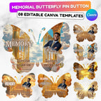 17 Editable Memorial Golden Butterfly Pin Button Template, In Loving Memory Butterfly Pin Button Template, Memorial Canva Template - Editable Memorial Canva Template
