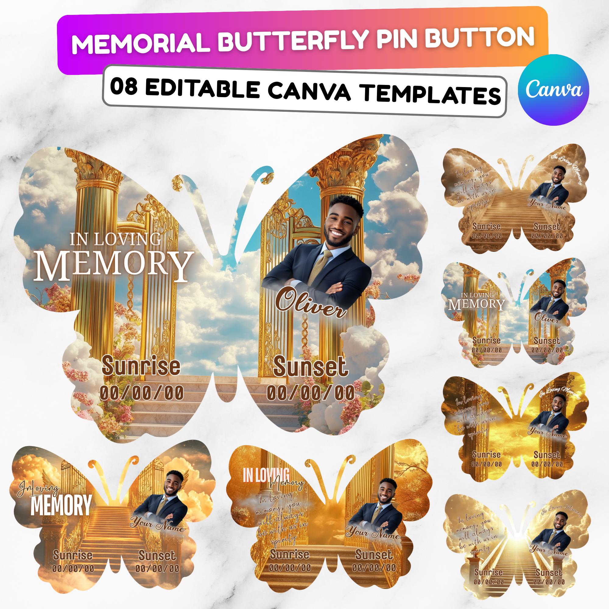 17 Editable Memorial Golden Butterfly Pin Button Template, In Loving Memory Butterfly Pin Button Template, Memorial Canva Template - Editable Memorial Canva Template