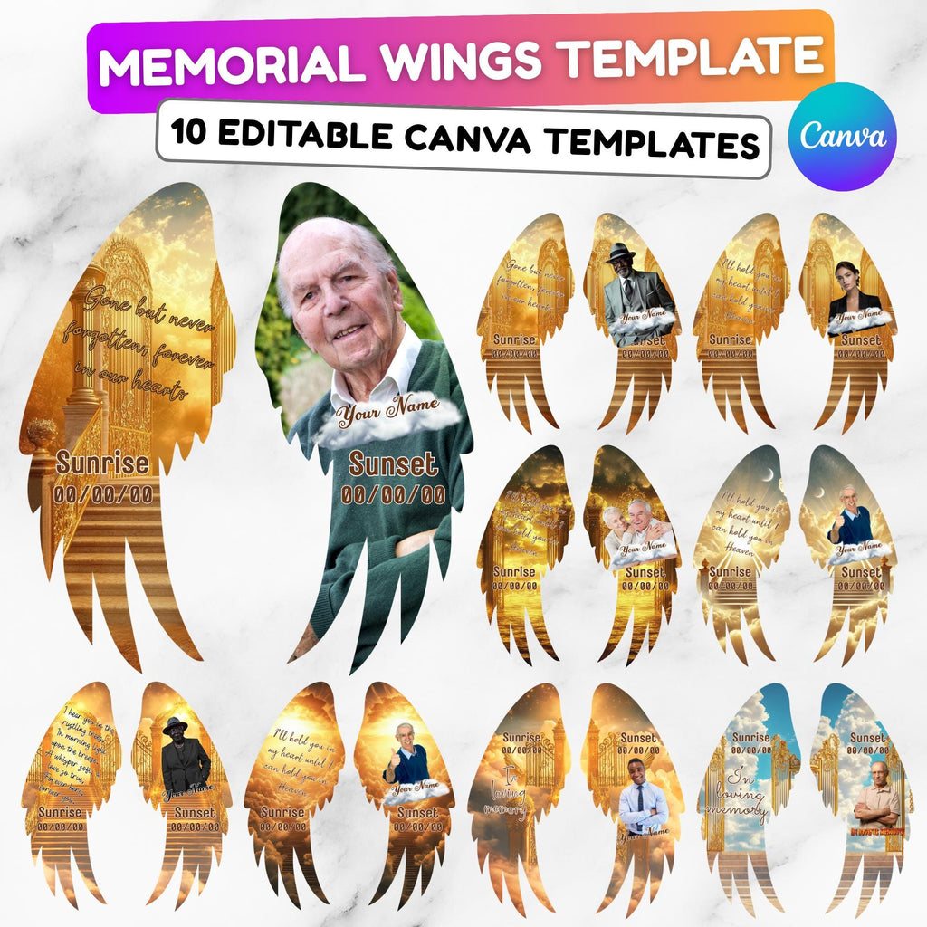Editable Memorial Golden Wings Pin Button Template, Funeral Button Favor, In Loving Memory Canva Template, Memorial Wings Pin Canva Template - Editable Memorial Canva Template