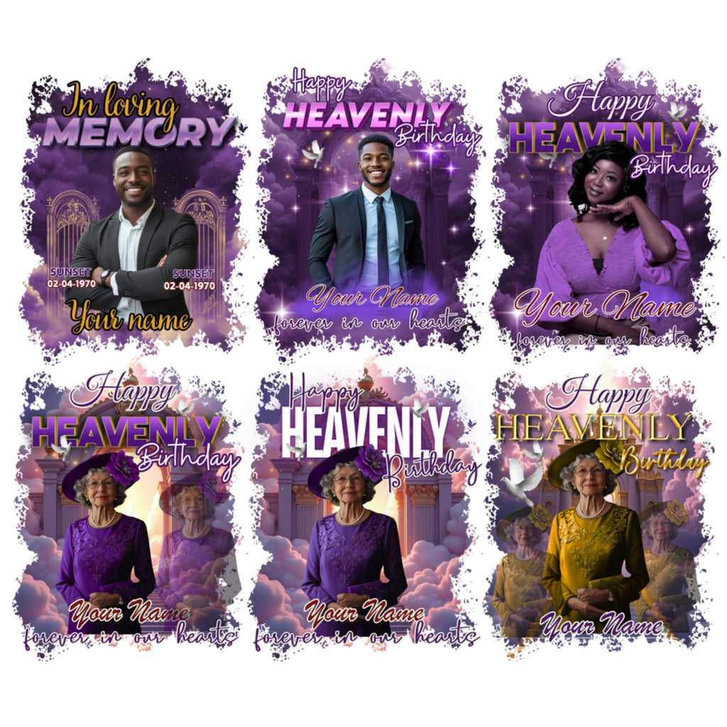 16 Happy Heavenly Purple Birthday Memorial T Shirt Editable Templates, In Loving Memory Editable Templates, Memorial Canva T Shirt Template - Editable Memorial Canva Template
