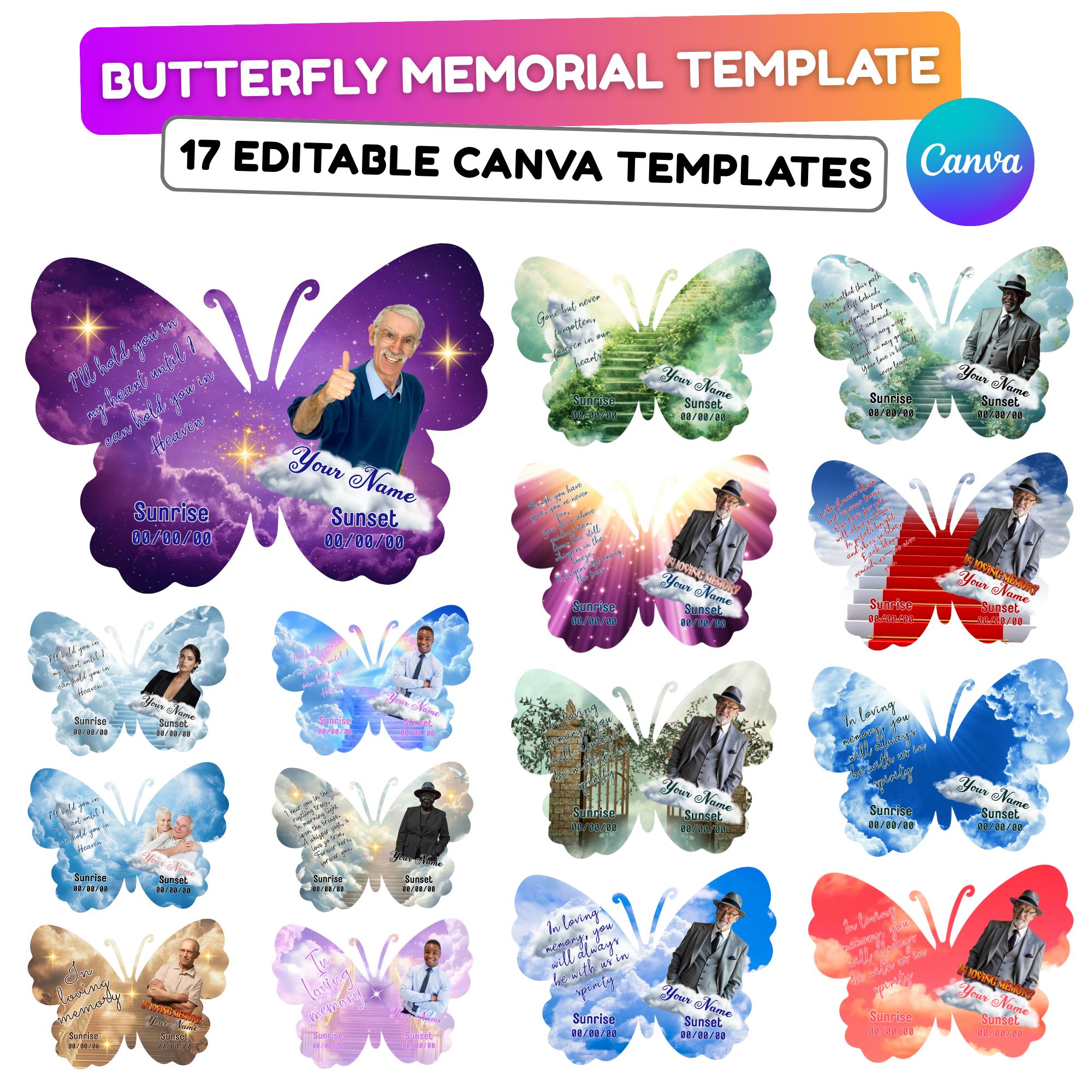 17 Editable Memorial Butterfly Pin Template, in loving memory Butterfly Pin Template, memorial Canva template, Remembrance Favor - Editable Memorial Canva Template