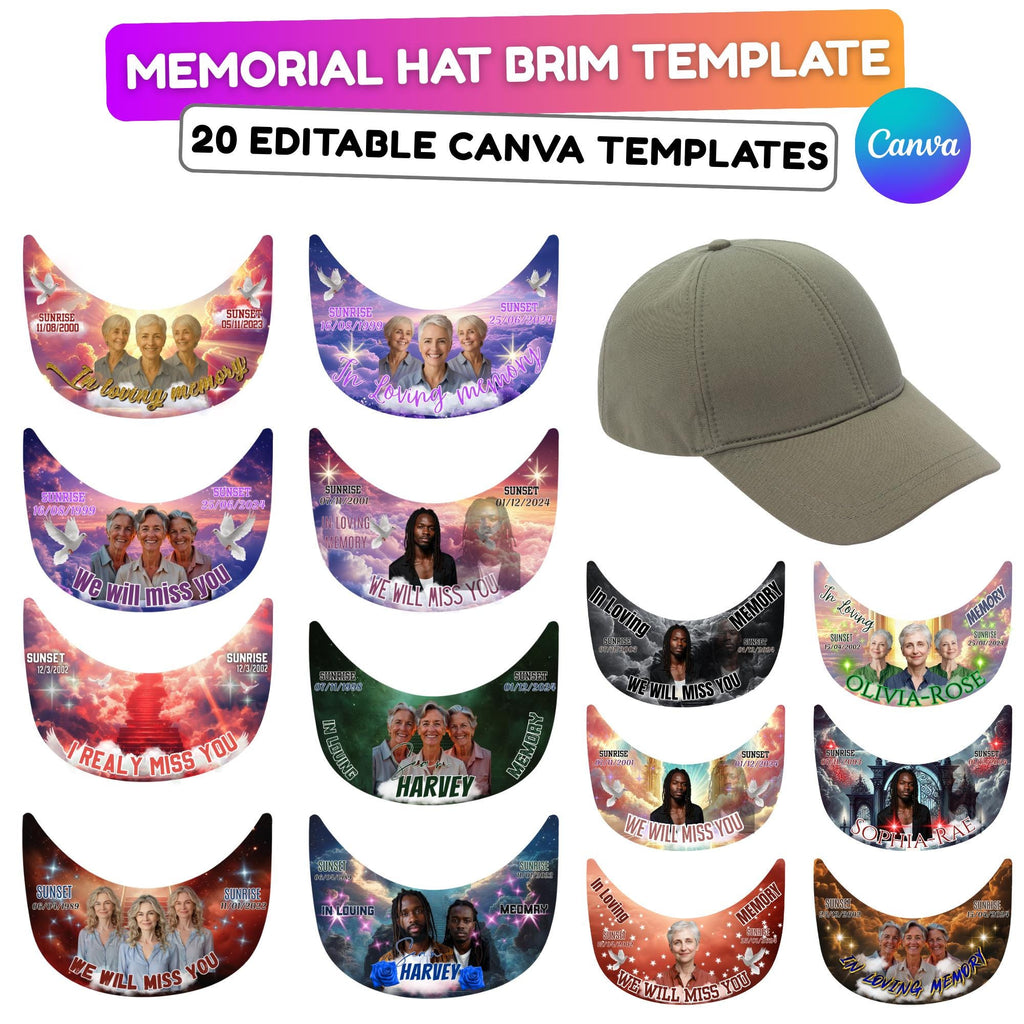 20 Editable Memorial Hat Brim Template, in loving memory Hat Brim Template, memorial Canva template, Remembrance Favor, Digital Download - Editable Memorial Canva Template