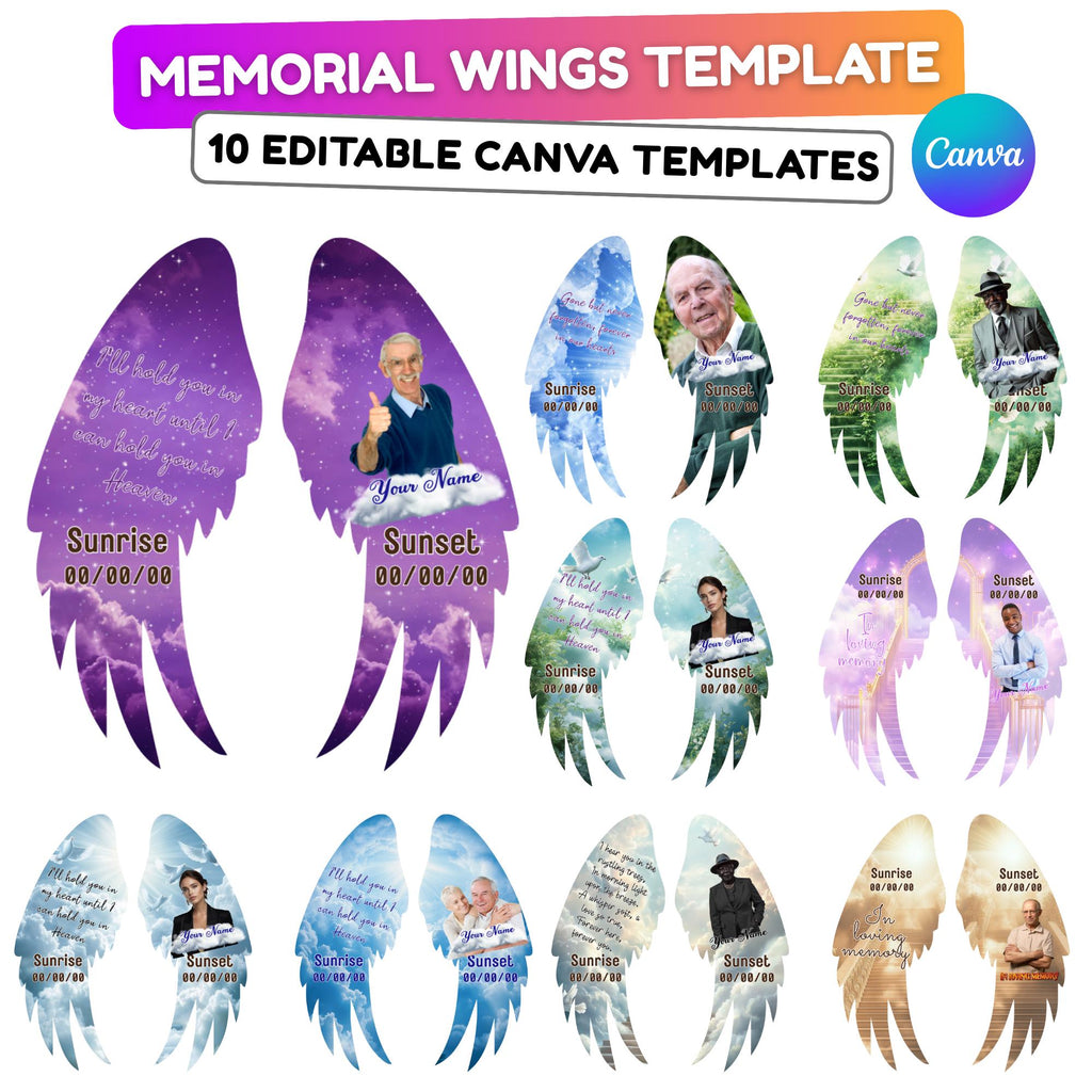 Editable Memorial Wings Pin button Template, Funeral Button Favor, Memorial wing Pin Button Canva Designs, Memorial Wings Pin Canva Template - Editable Memorial Canva Template