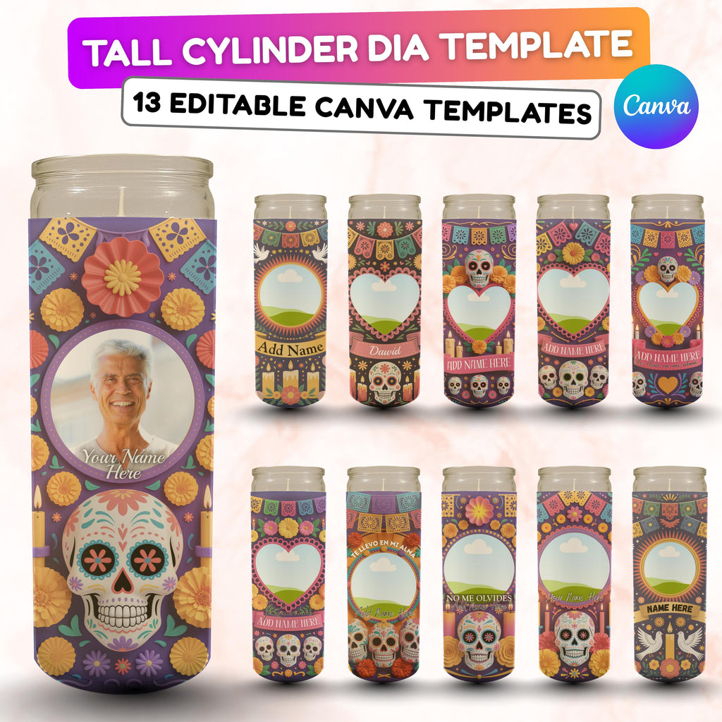 13 Día De Los Muertos Candle Labels, Tall Cylinder Candle Wraps, Editable Canva Memorial Stickers, Funeral Labels Digital Download - Editable Memorial Canva Template