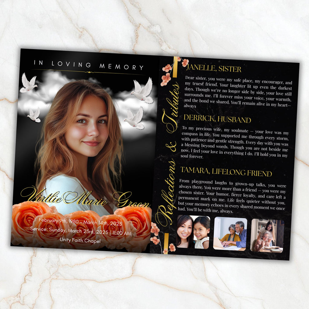 8 Pages Memorial Funeral Program Edtiable Template, In Loving Memory Black Canva Template, Obituary Celebration Of Life Program - Editable Memorial Canva Template