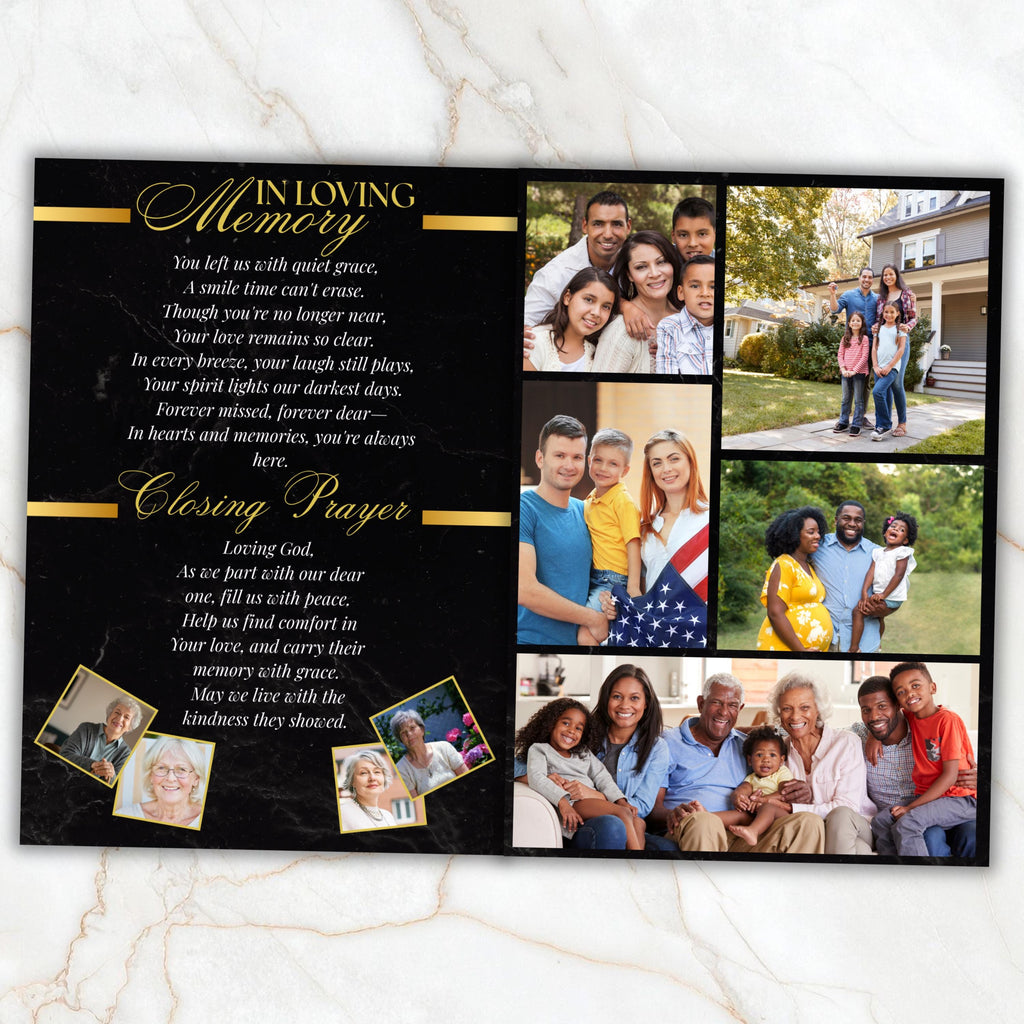 8 Pages Memorial Funeral Program Edtiable Template, In Loving Memory Black Canva Template, Obituary Celebration Of Life Program - Editable Memorial Canva Template