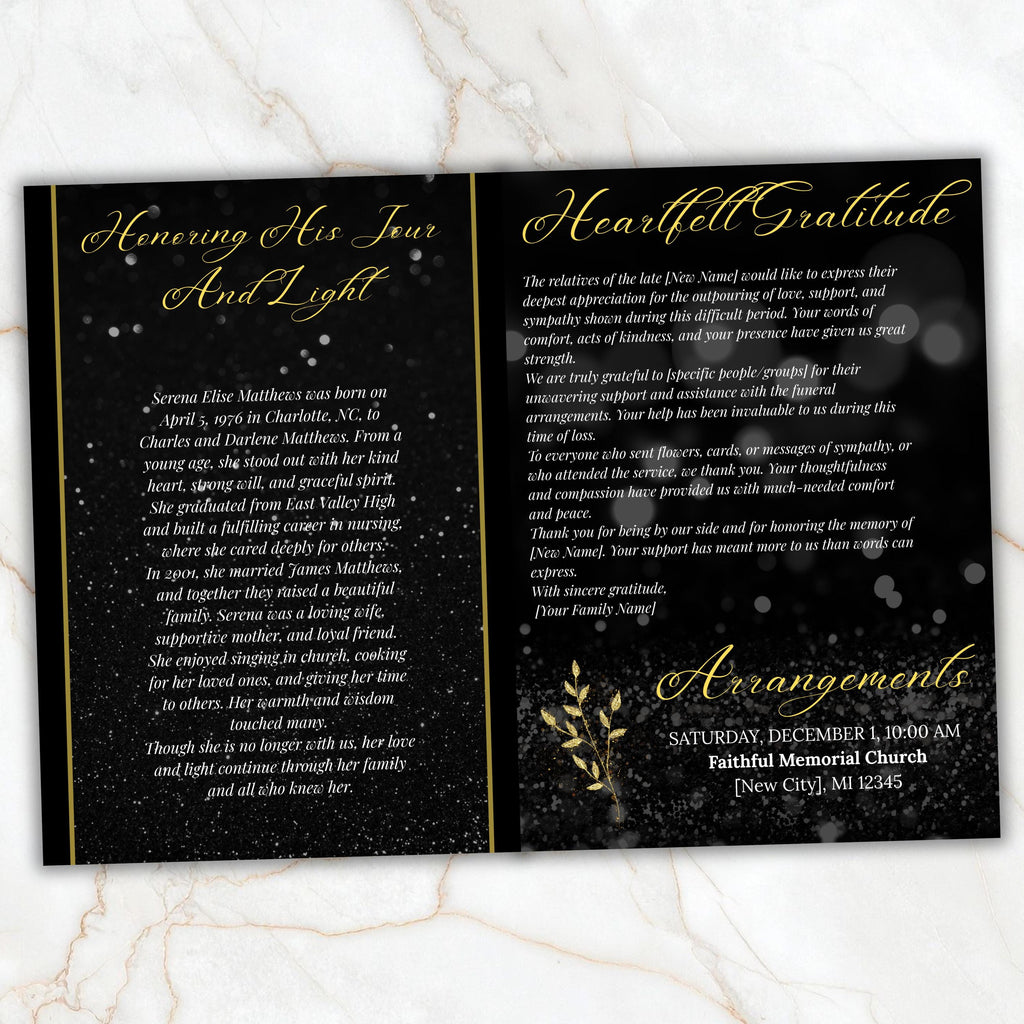 7 Pages Memorial Funeral Program Edtiable Template, In Loving Memory Black Canva Template, Obituary Celebration Of Life Program - Editable Memorial Canva Template