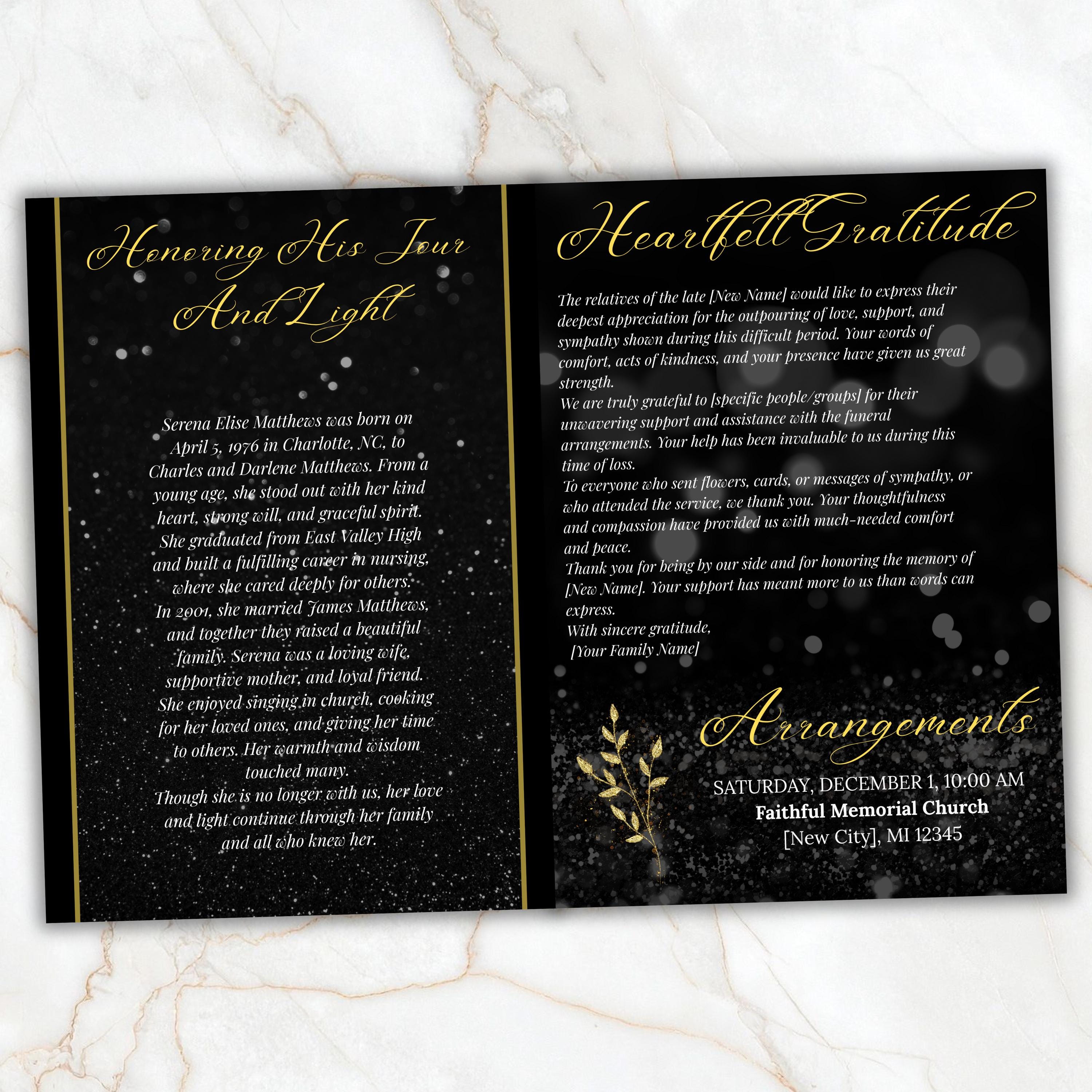 7 Pages Memorial Funeral Program Edtiable Template, In Loving Memory Black Canva Template, Obituary Celebration Of Life Program - Editable Memorial Canva Template