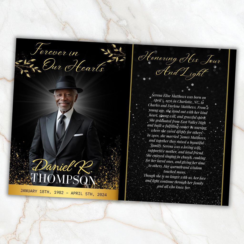 7 Pages Memorial Funeral Program Edtiable Template, In Loving Memory Black Canva Template, Obituary Celebration Of Life Program - Editable Memorial Canva Template