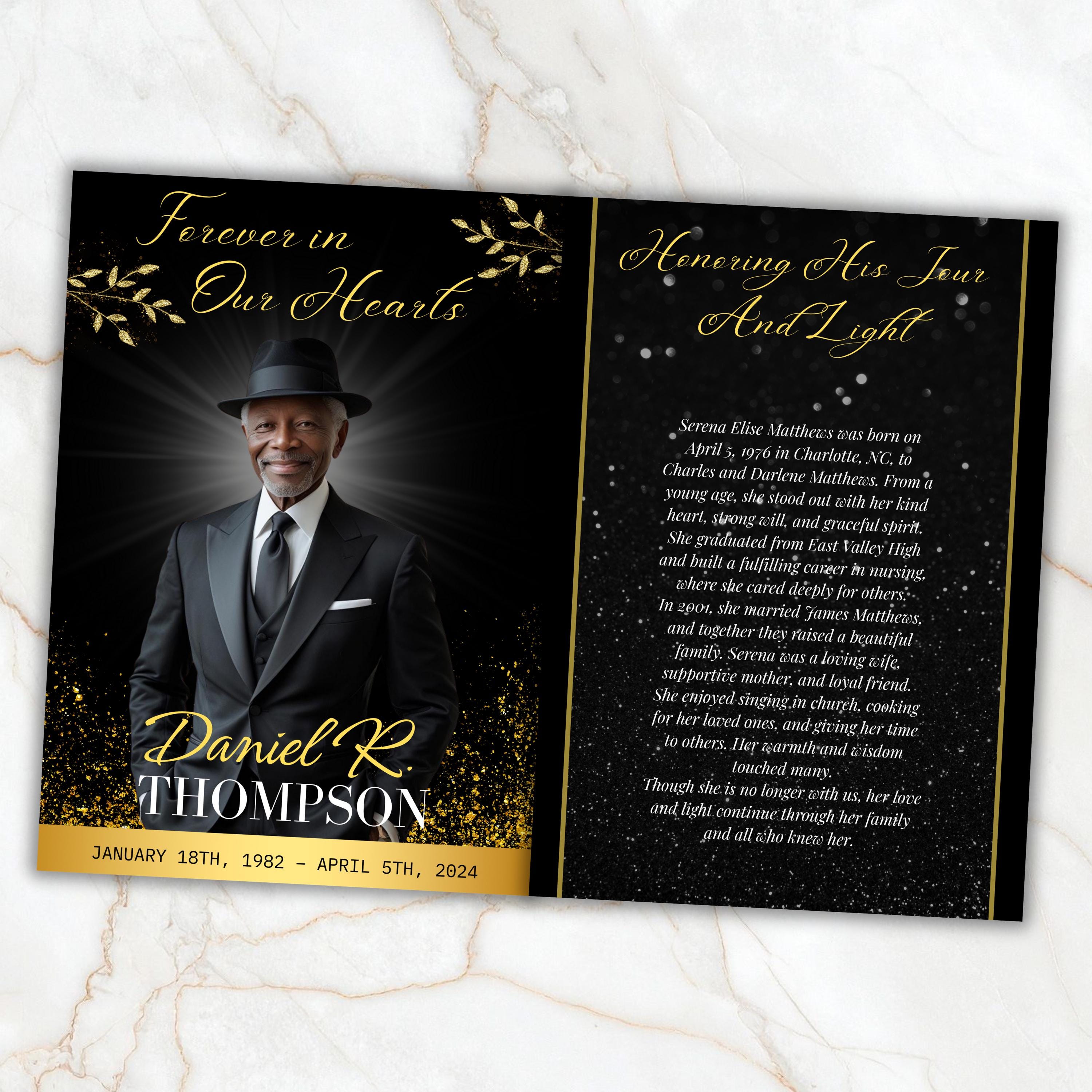 7 Pages Memorial Funeral Program Edtiable Template, In Loving Memory Black Canva Template, Obituary Celebration Of Life Program - Editable Memorial Canva Template